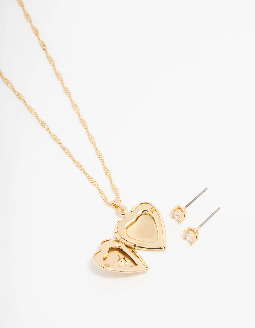 Gold Plated Cubic Zirconia Heart Locket Necklace & Stud Earrings Set - Image 3