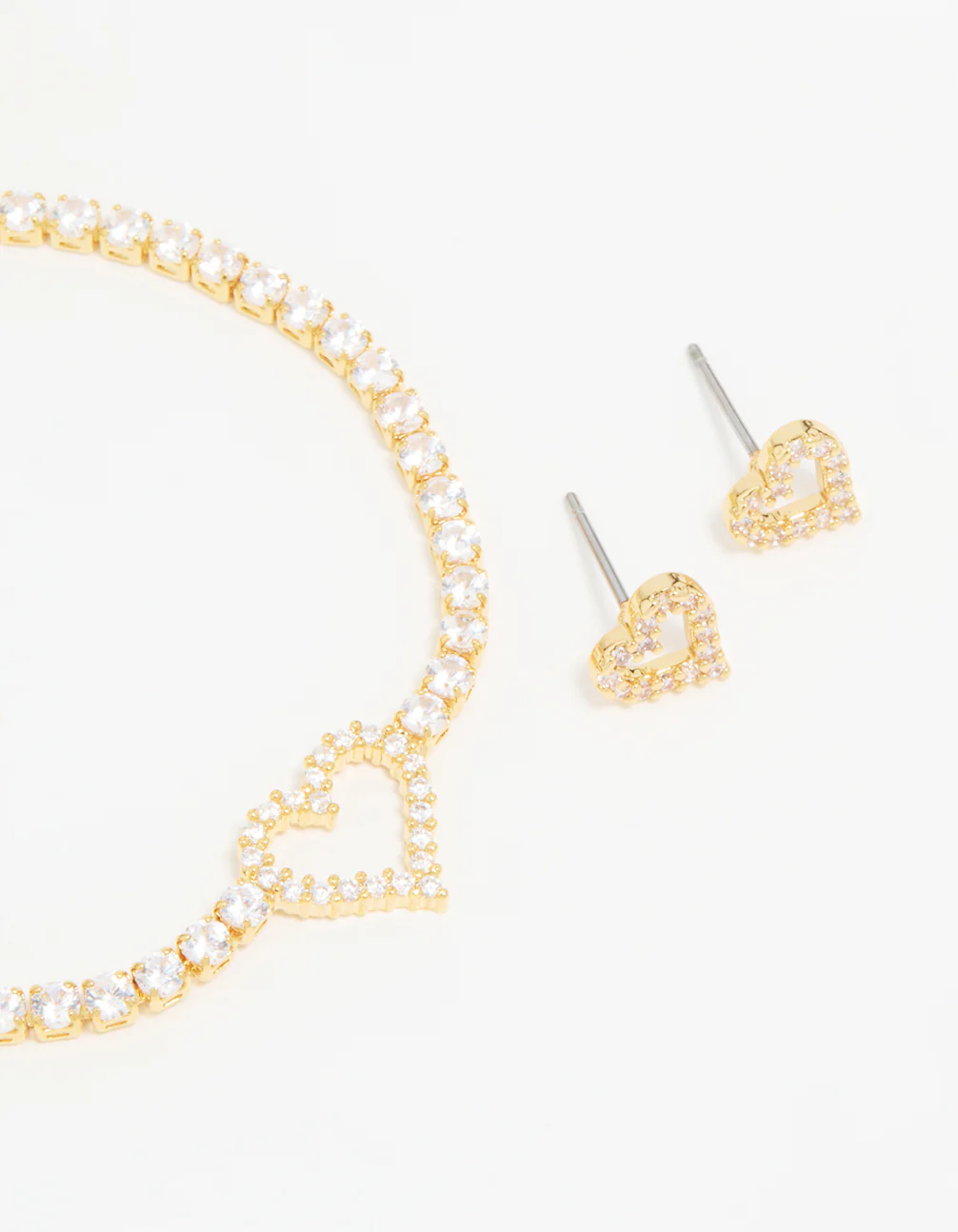 Gold Plated Cubic Zirconia Heart Outline Tennis Bracelet & Earrings Set - Image 2