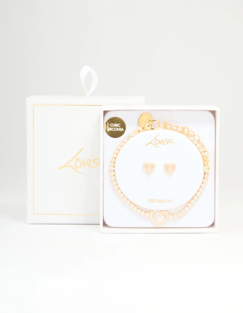 Gold Plated Cubic Zirconia Heart Outline Tennis Bracelet & Earrings Set - Image 3