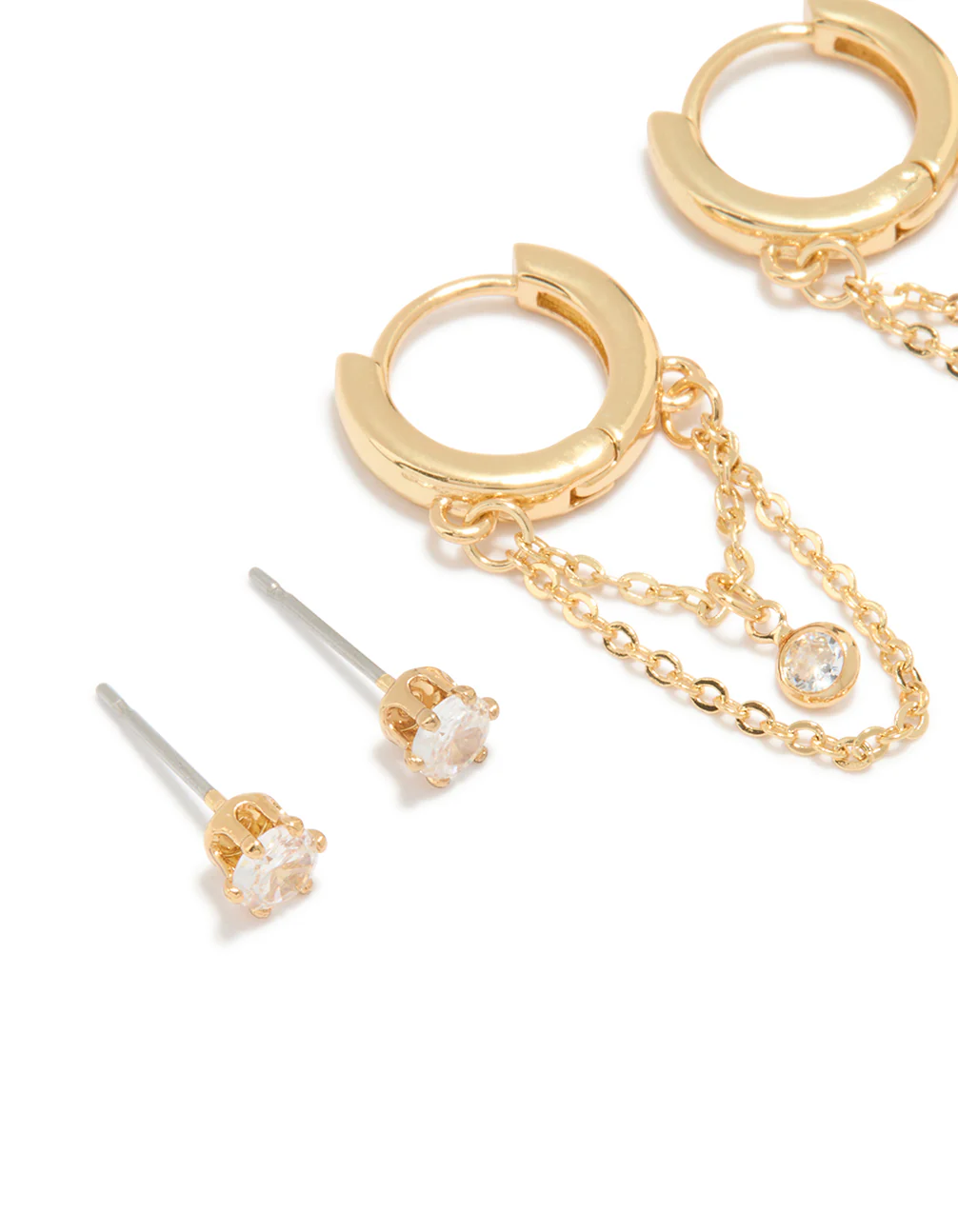 Gold Plated Cubic Zirconia Huggie Chain & Stud Earrings 2-Pack - Image 2