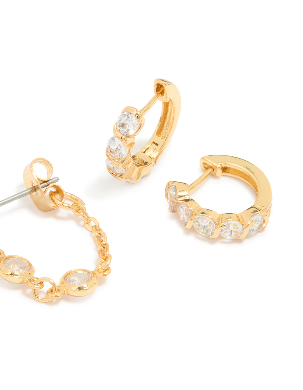 Gold Plated Cubic Zirconia Huggie Chain & Stud Earrings 2-Pack - Image 3