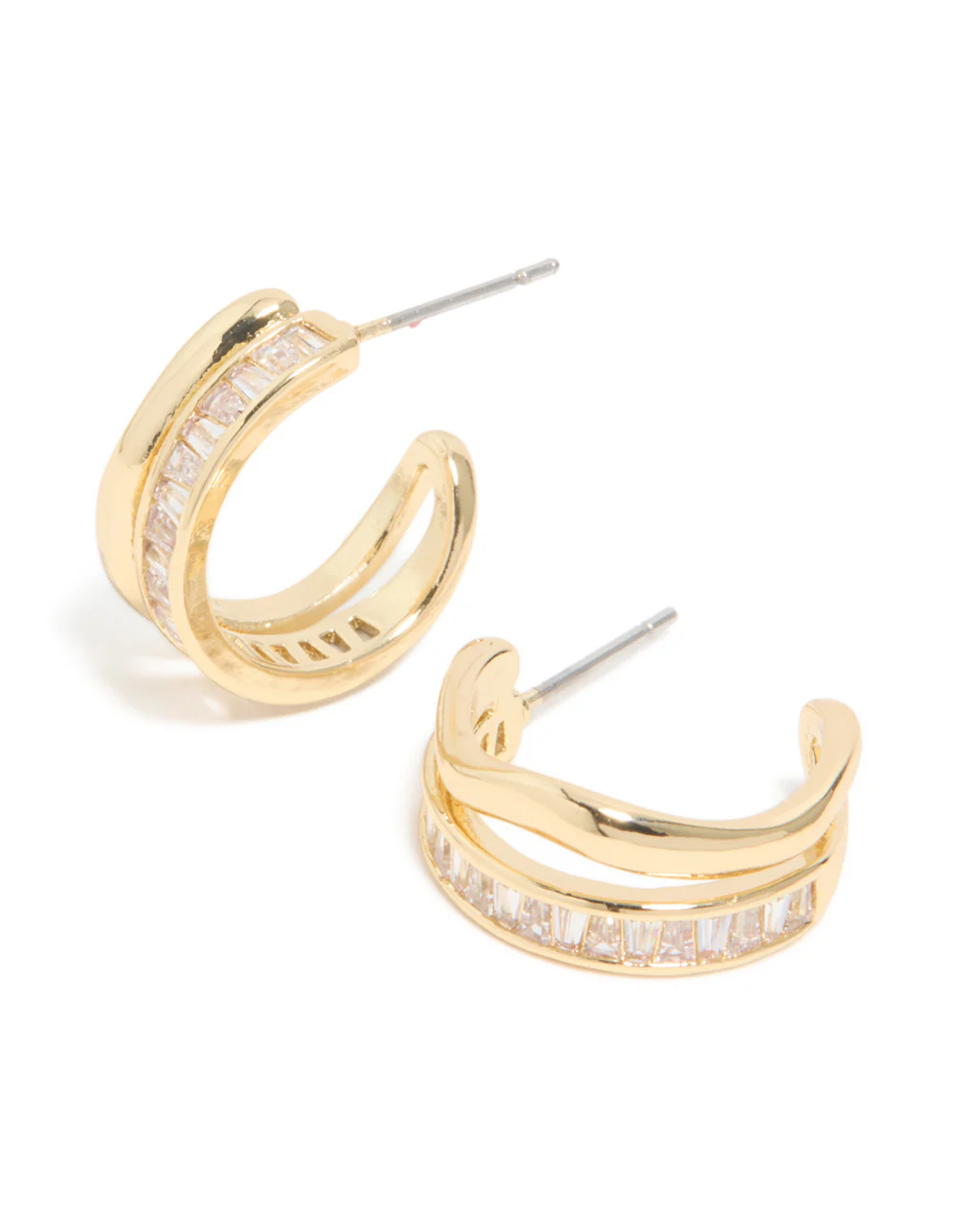 Gold Plated Cubic Zirconia Illusion Baguette Hoop Earrings - Image 2