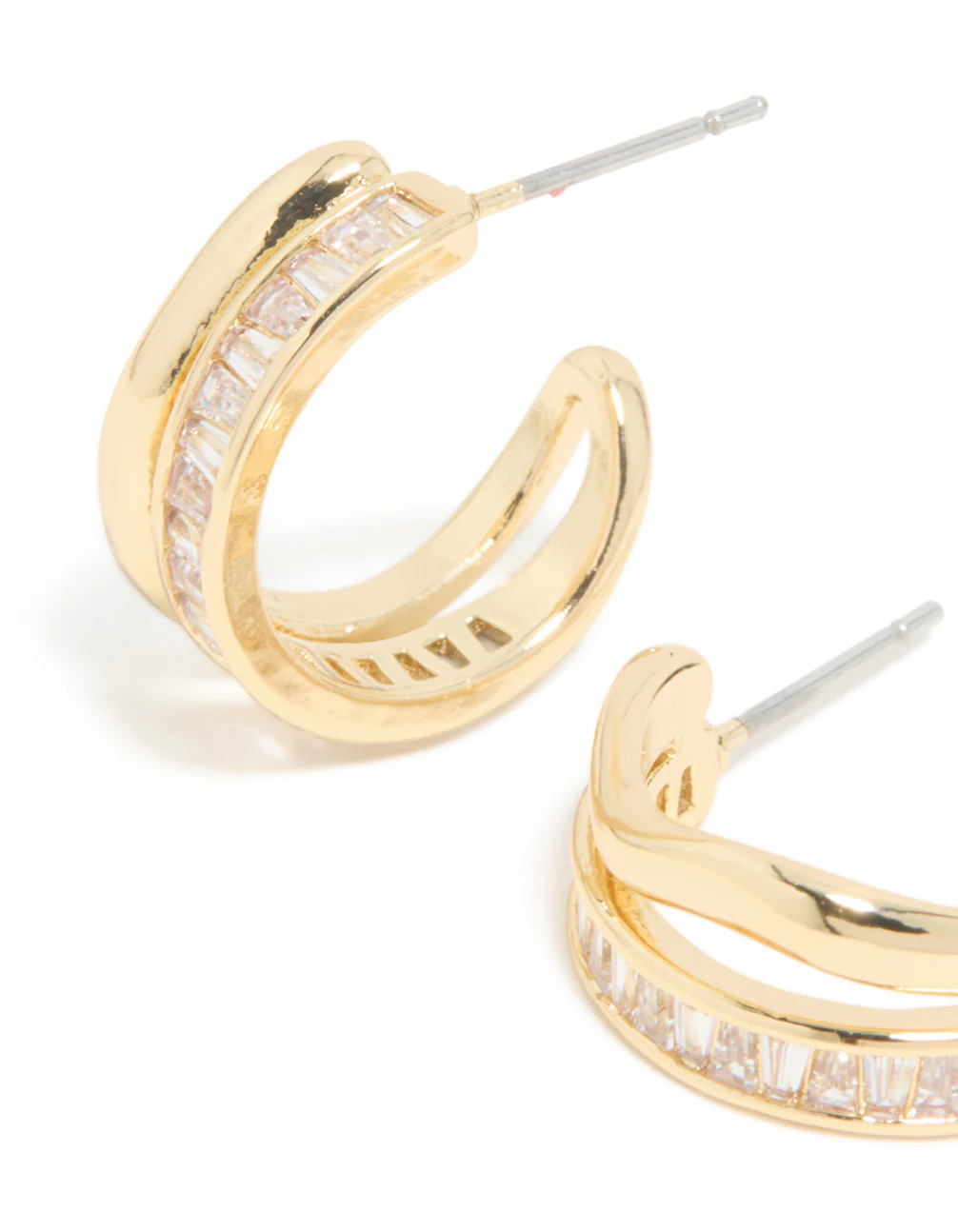 Gold Plated Cubic Zirconia Illusion Baguette Hoop Earrings - Image 4