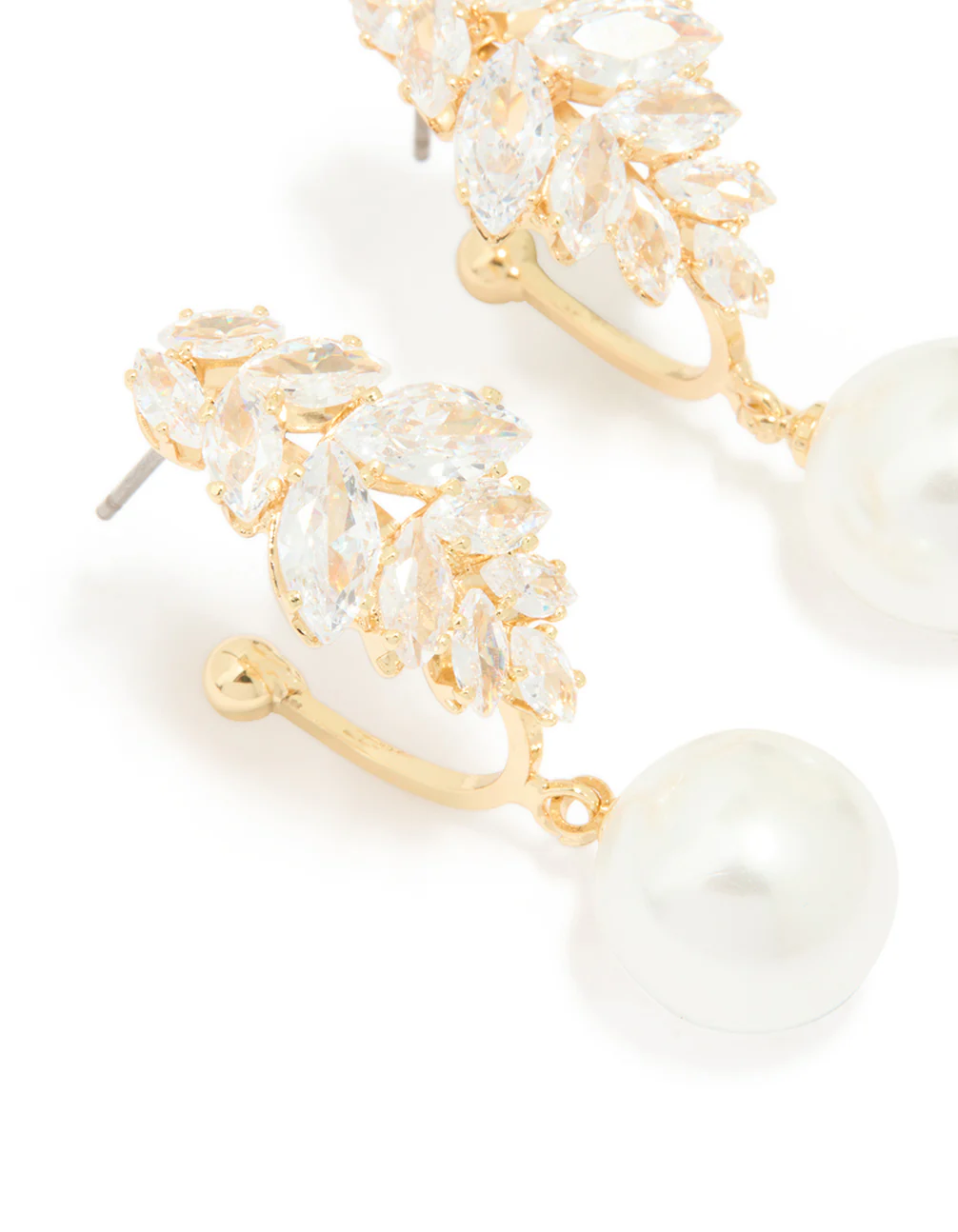 Gold Plated Cubic Zirconia Large Vine Pearl Drop Earrings - Image 2