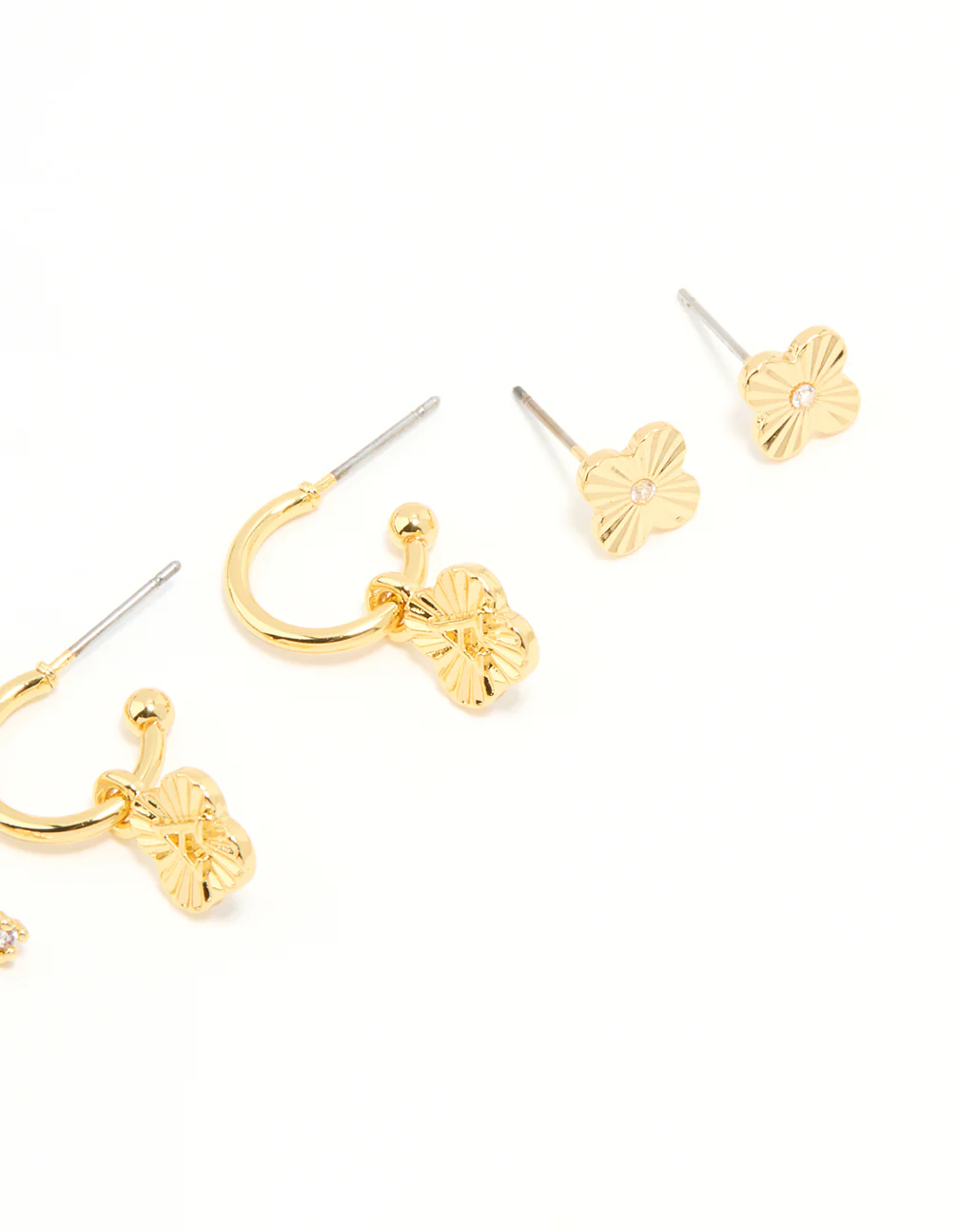 Gold Plated Cubic Zirconia Letter A Dainty Flower Earrings 4-Pack - Image 3