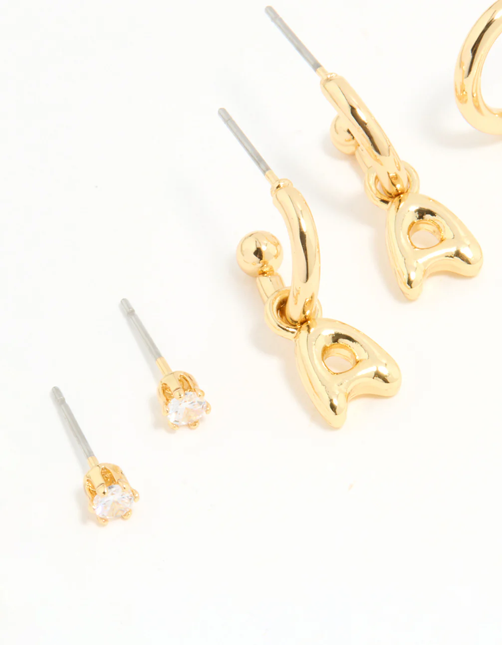Gold Plated Cubic Zirconia Letter A Stud & Hoop Earrings 4-Pack - Image 2