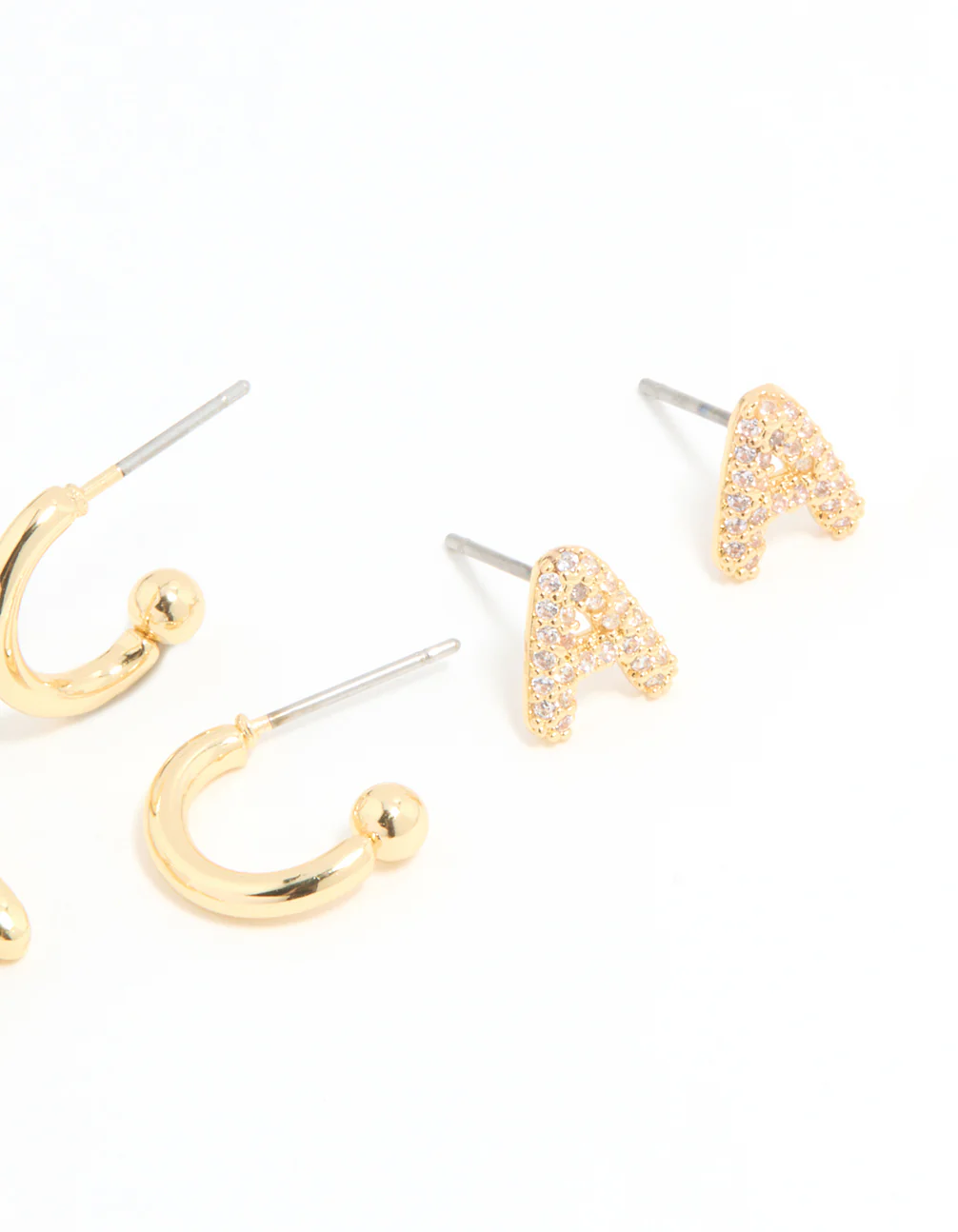 Gold Plated Cubic Zirconia Letter A Stud & Hoop Earrings 4-Pack - Image 3