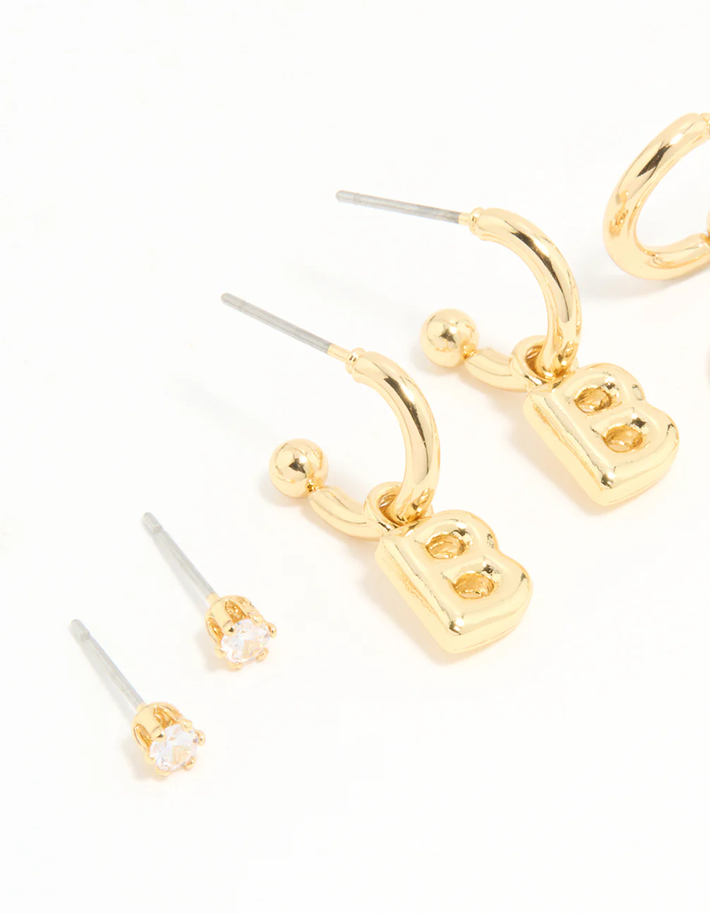 Gold Plated Cubic Zirconia Letter B Stud & Hoop Earrings 4-Pack - Image 2
