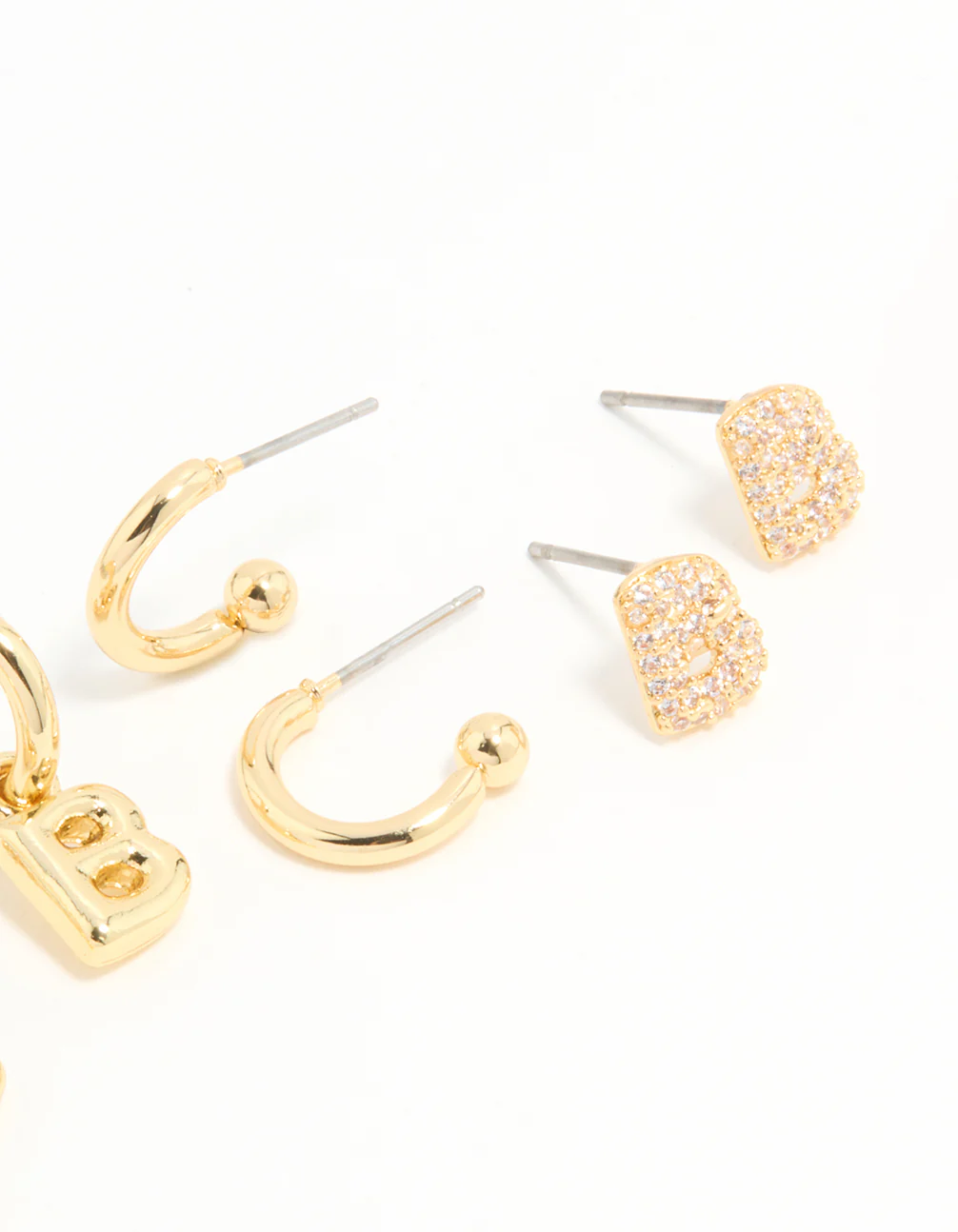 Gold Plated Cubic Zirconia Letter B Stud & Hoop Earrings 4-Pack - Image 3