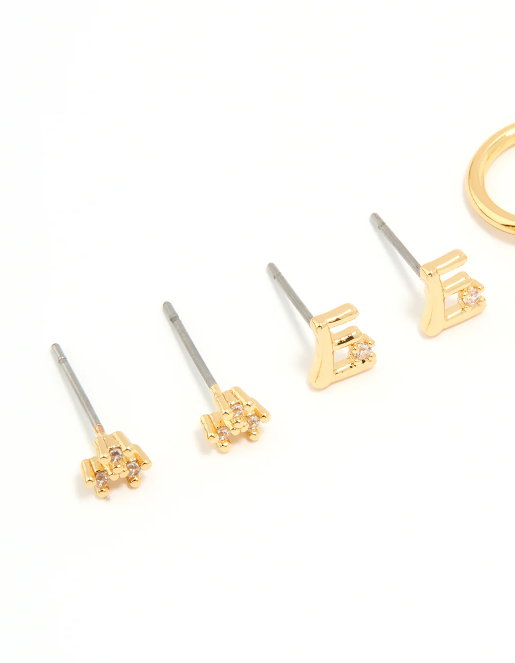 Gold Plated Cubic Zirconia Letter E Dainty Flower Earrings 4-Pack - Image 2