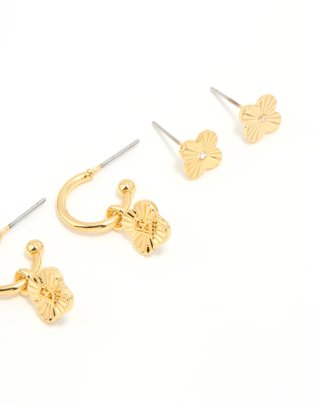 Gold Plated Cubic Zirconia Letter E Dainty Flower Earrings 4-Pack - Image 3