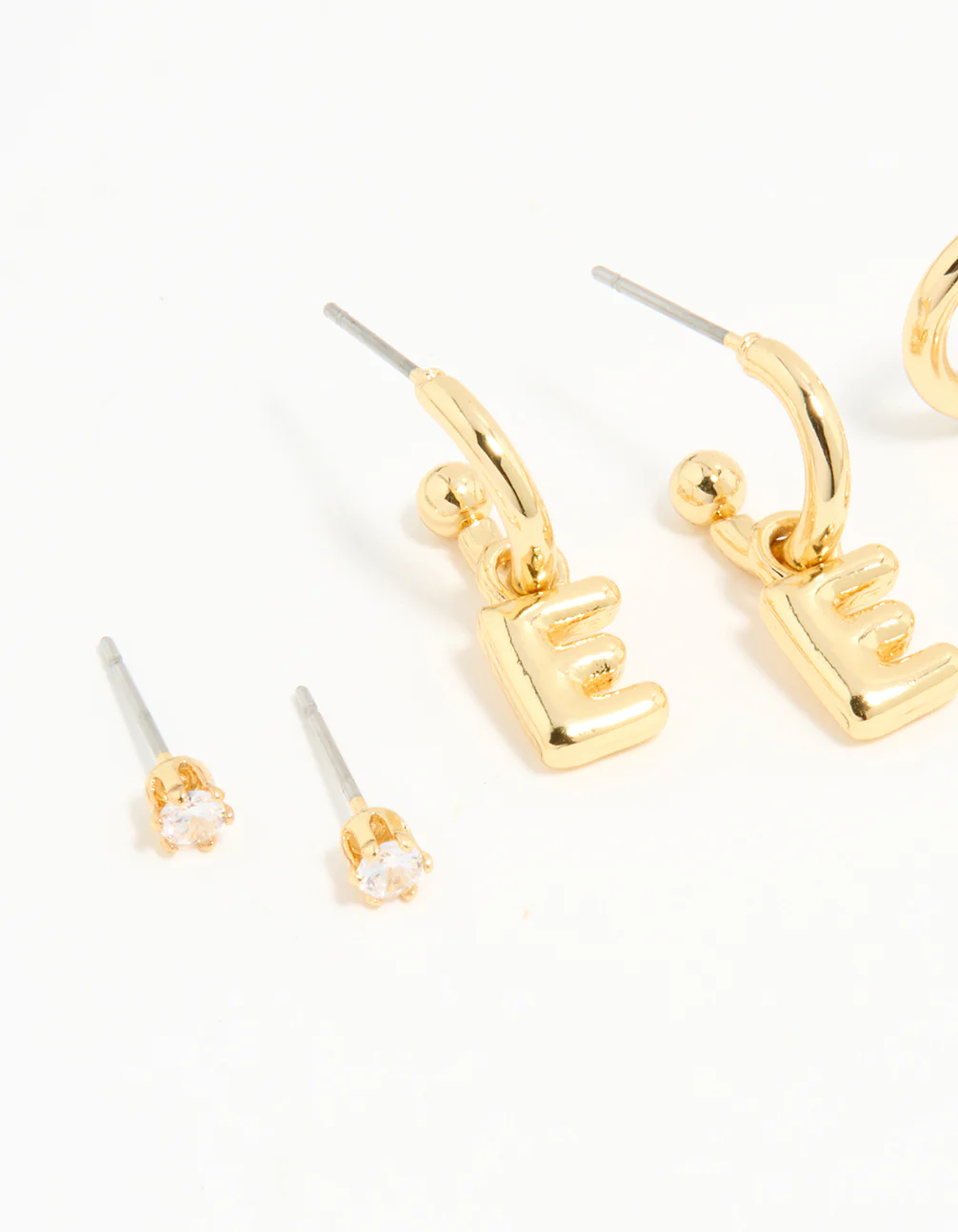 Gold Plated Cubic Zirconia Letter E Stud & Hoop Earrings 4-Pack - Image 2