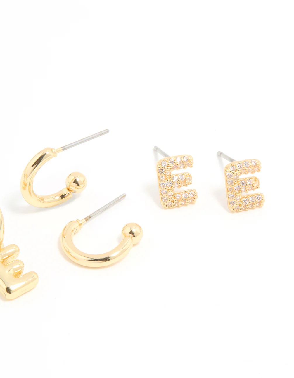 Gold Plated Cubic Zirconia Letter E Stud & Hoop Earrings 4-Pack - Image 3