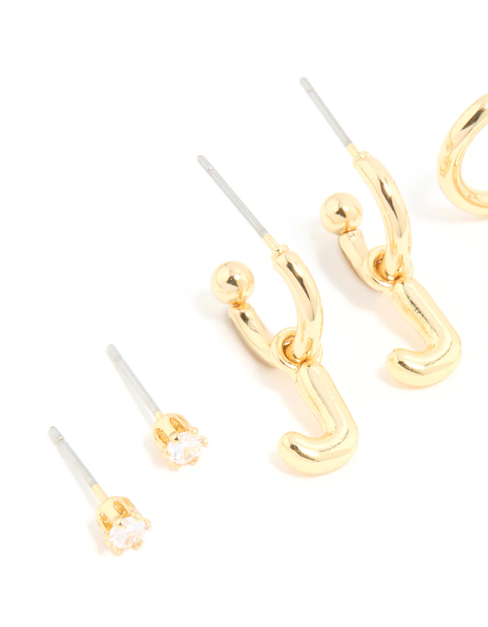 Gold Plated Cubic Zirconia Letter J Stud & Hoop Earrings 4-Pack - Image 2