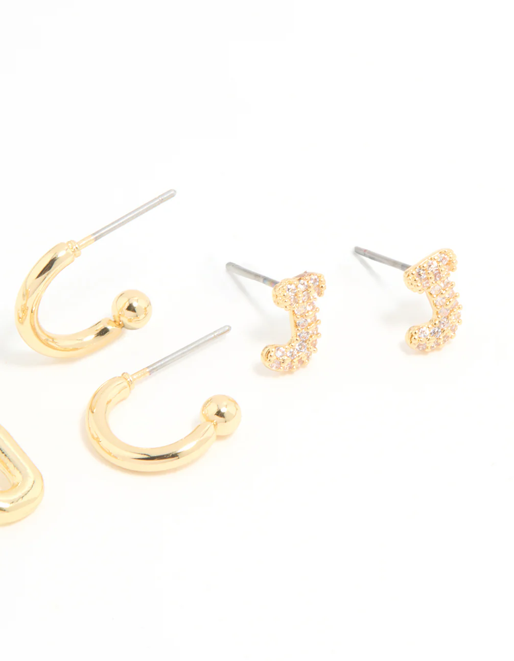 Gold Plated Cubic Zirconia Letter J Stud & Hoop Earrings 4-Pack - Image 3