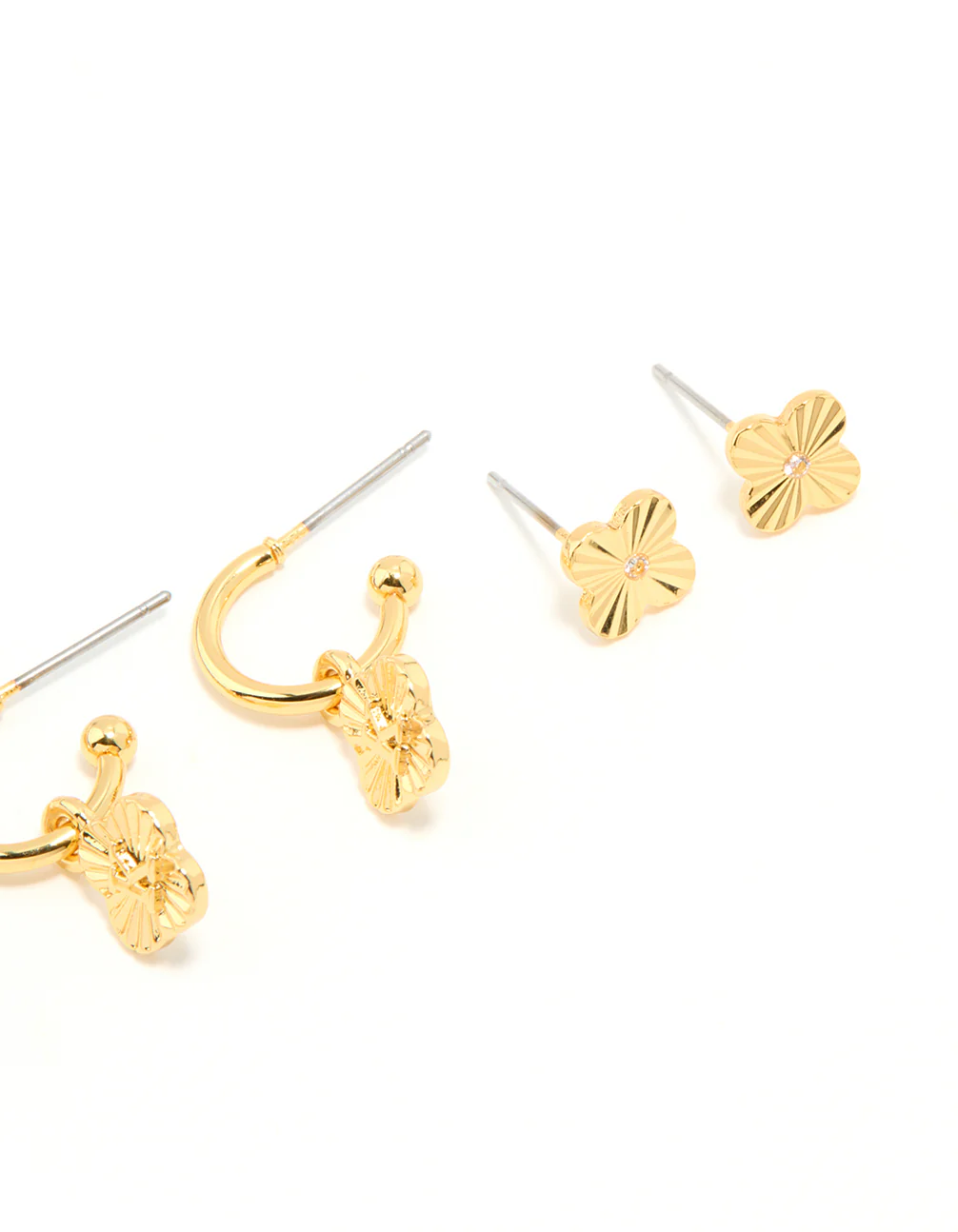 Gold Plated Cubic Zirconia Letter K & Dainty Flower Earrings 4-Pack - Image 3