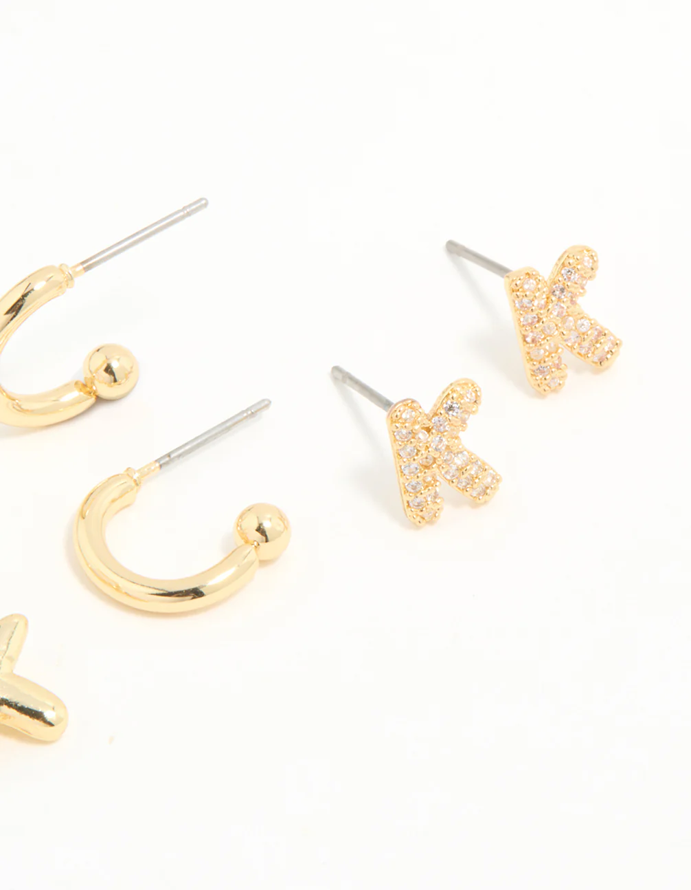 Gold Plated Cubic Zirconia Letter K Stud & Hoop Earrings 4-Pack - Image 3