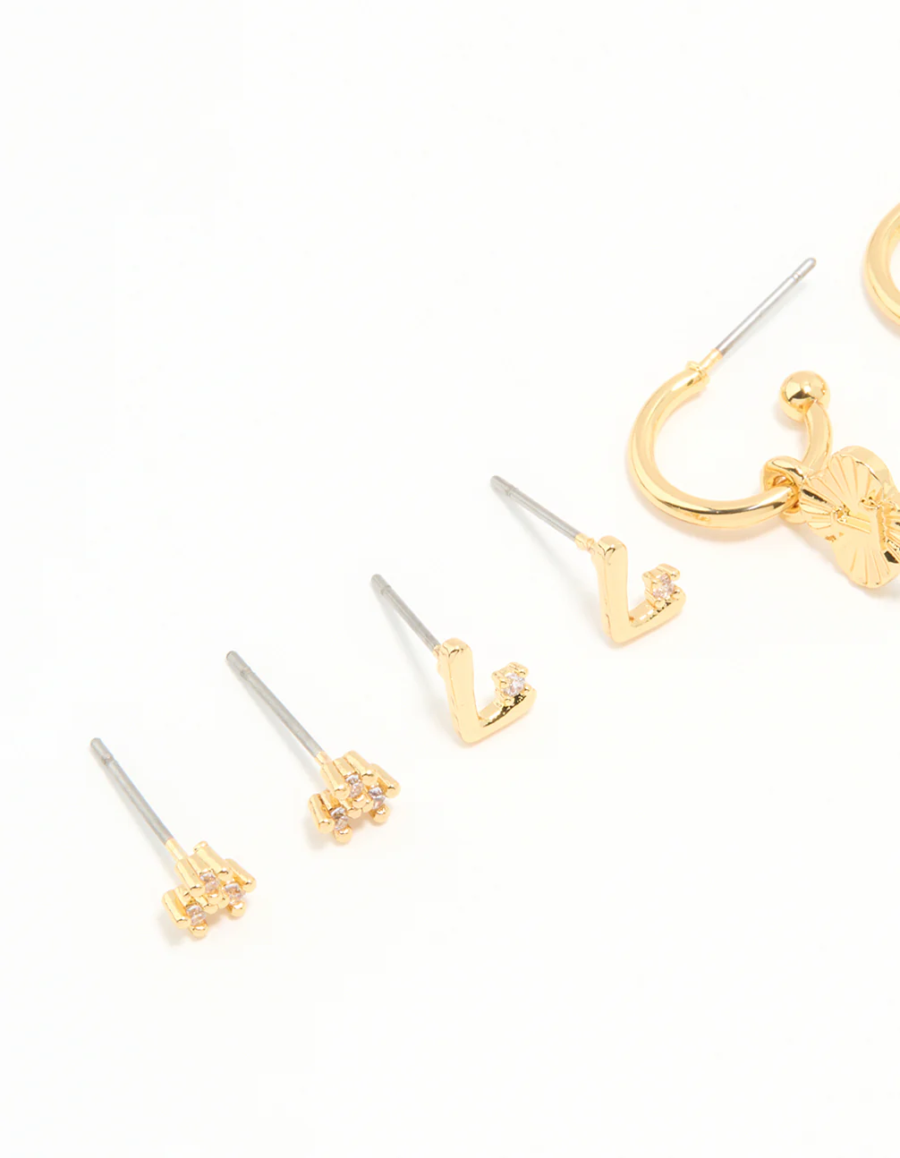 Gold Plated Cubic Zirconia Letter L & Dainty Flower Earrings 4-Pack - Image 2