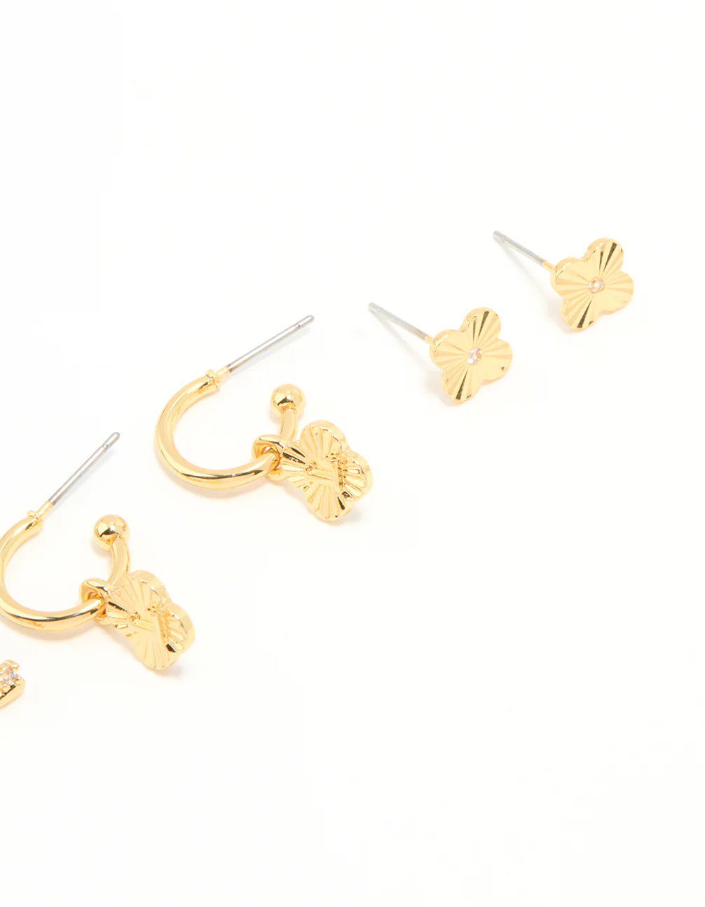 Gold Plated Cubic Zirconia Letter L & Dainty Flower Earrings 4-Pack - Image 3