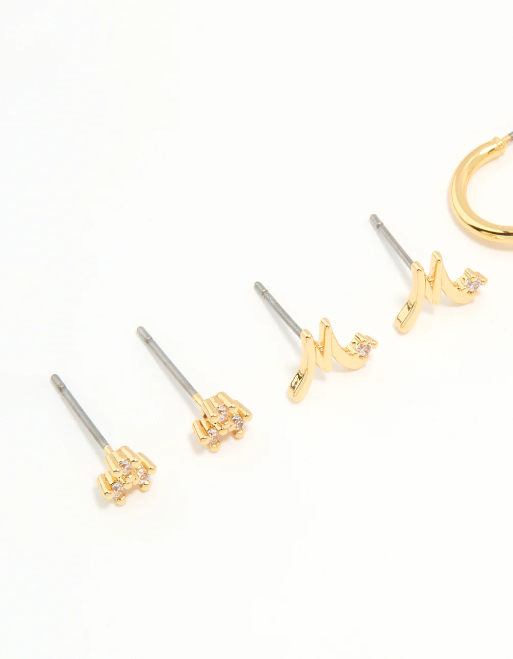Gold Plated Cubic Zirconia Letter M Dainty Flower Earrings Pack - Image 2