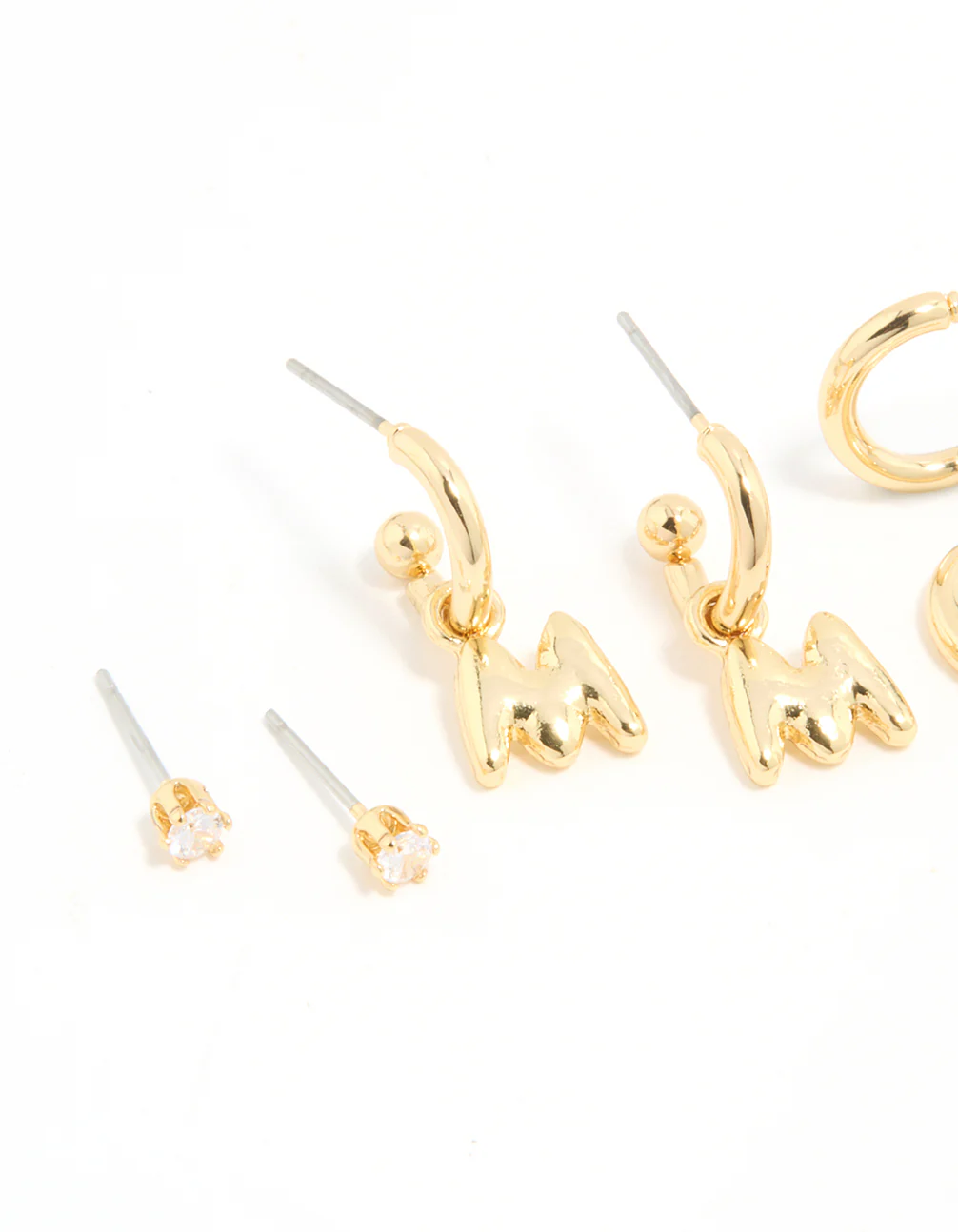 Gold Plated Cubic Zirconia Letter M Stud & Hoop Earrings 4-Pack - Image 2