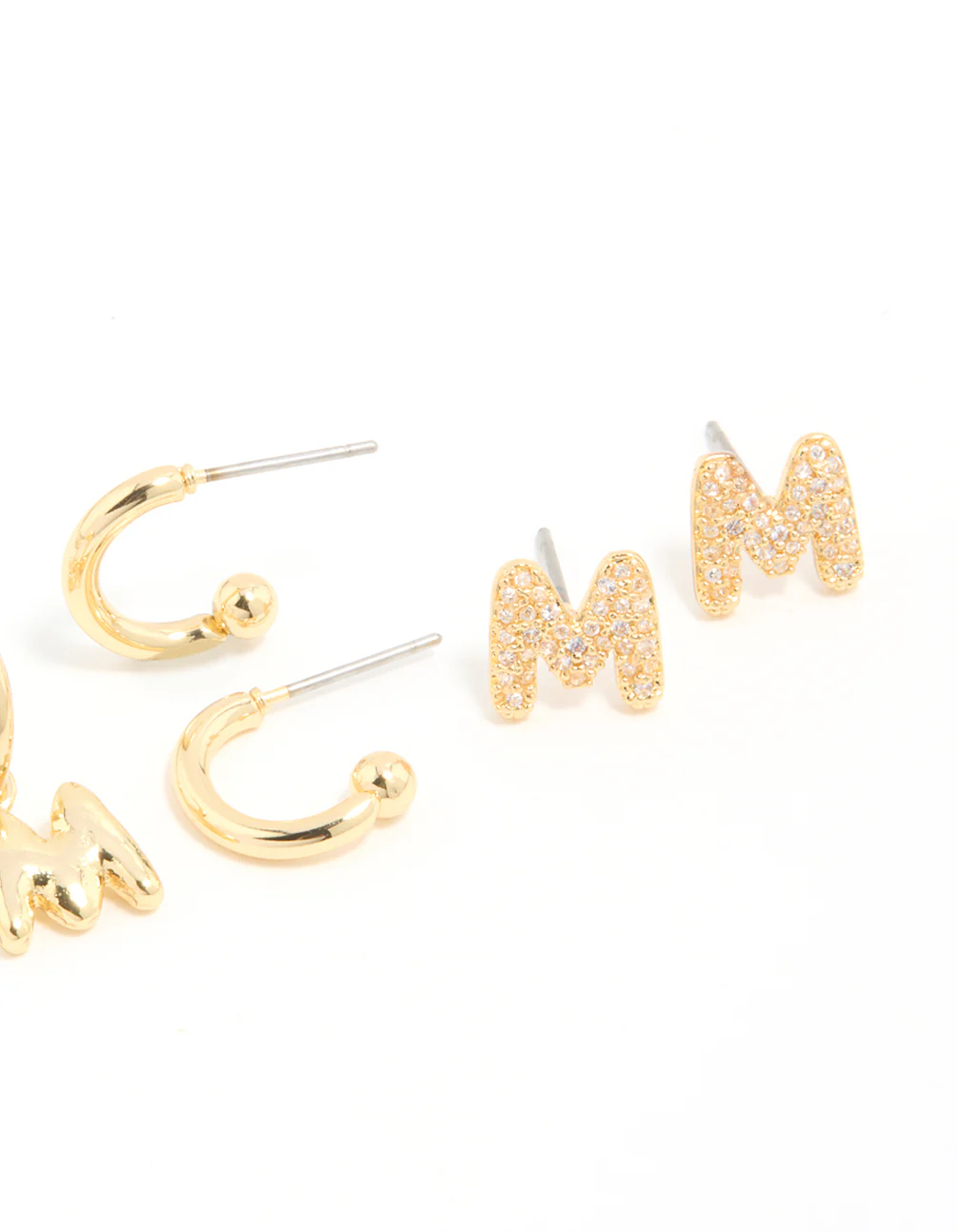 Gold Plated Cubic Zirconia Letter M Stud & Hoop Earrings 4-Pack - Image 3