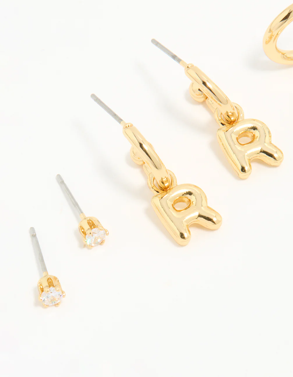 Gold Plated Cubic Zirconia Letter R Stud & Hoop Earrings 4-Pack - Image 2