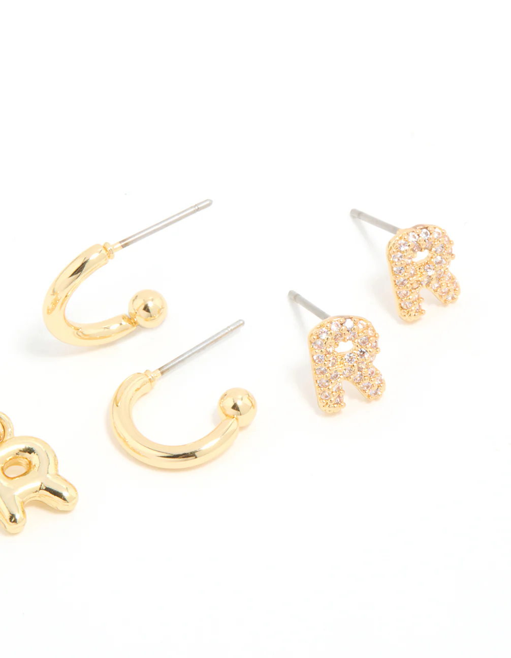 Gold Plated Cubic Zirconia Letter R Stud & Hoop Earrings 4-Pack - Image 3