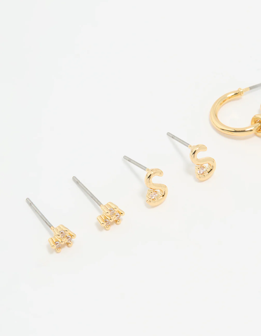 Gold Plated Cubic Zirconia Letter S & Flower Earrings 4-Pack - Image 2