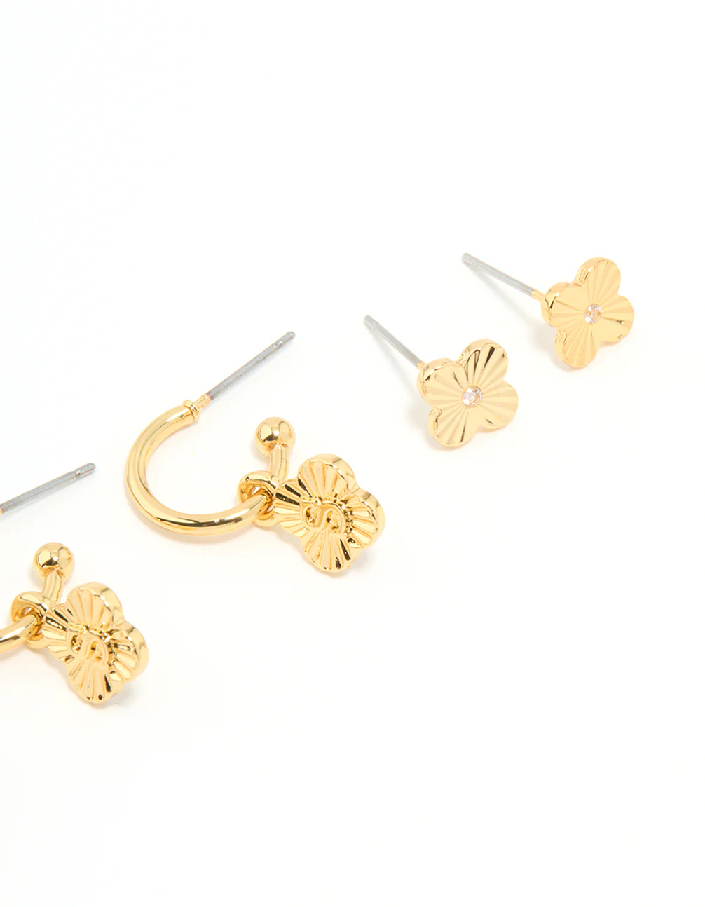 Gold Plated Cubic Zirconia Letter S & Flower Earrings 4-Pack - Image 3
