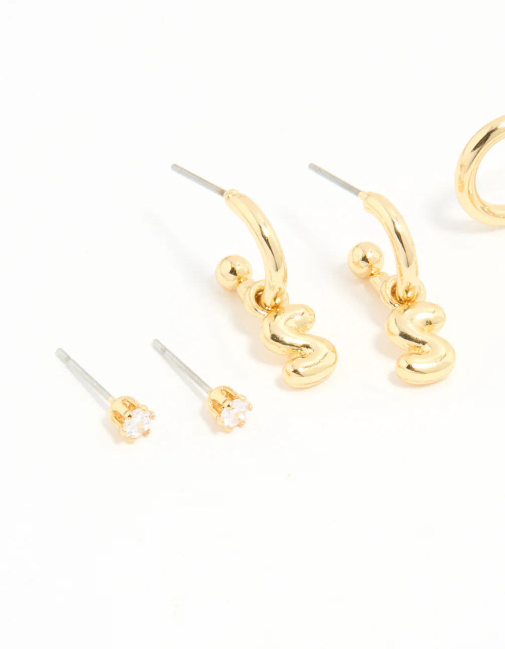 Gold Plated Cubic Zirconia Letter S Stud & Hoop Earrings 4-Pack - Image 2