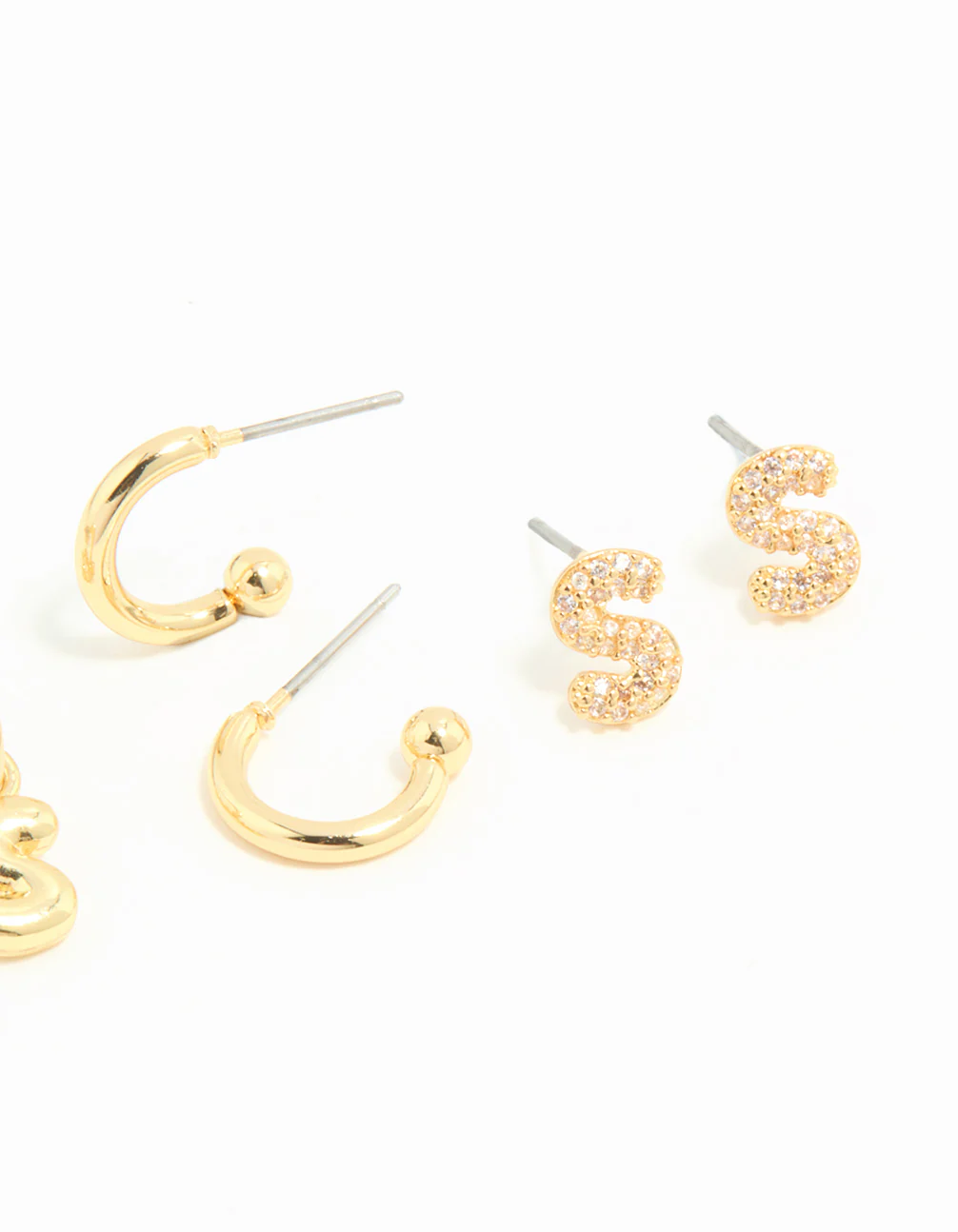 Gold Plated Cubic Zirconia Letter S Stud & Hoop Earrings 4-Pack - Image 3
