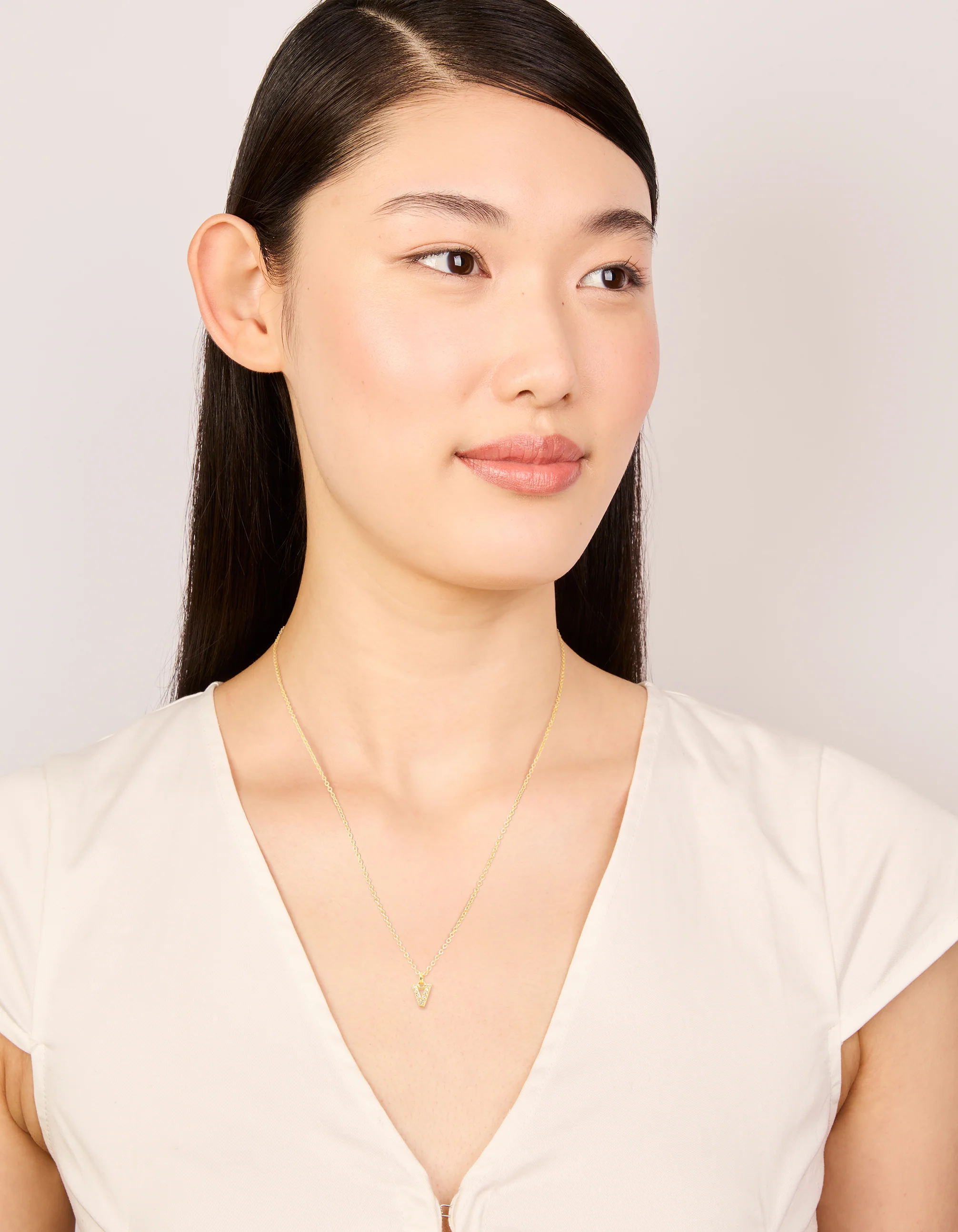 Gold Plated Cubic Zirconia Letter V Necklace - Image 4