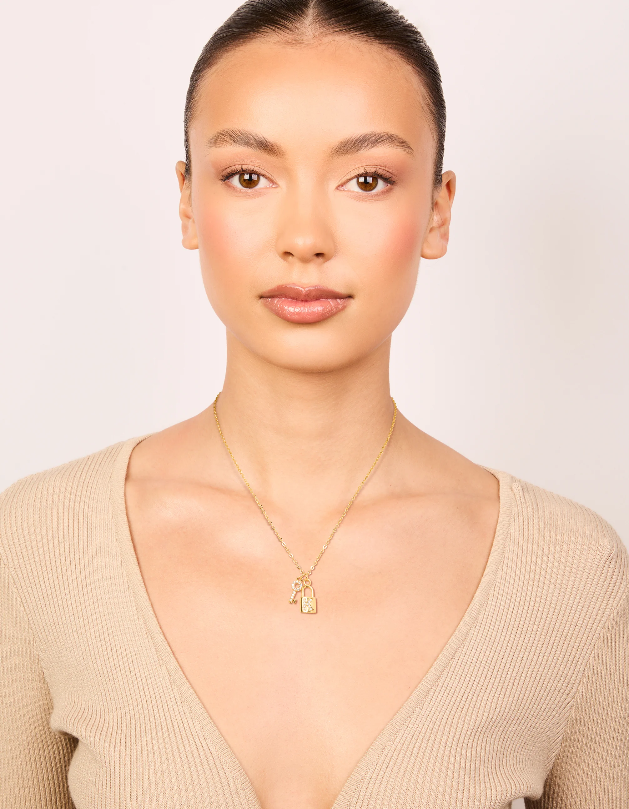 Gold Plated Cubic Zirconia Lock & Key Letter K Necklace - Image 3