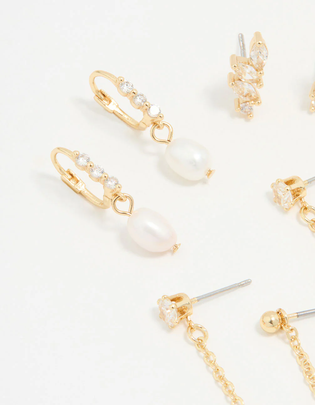 Gold Plated Cubic Zirconia Marquise Freshwater Pearl Earrings 3-Pack - Image 2