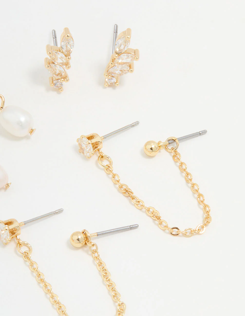 Gold Plated Cubic Zirconia Marquise Freshwater Pearl Earrings 3-Pack - Image 3