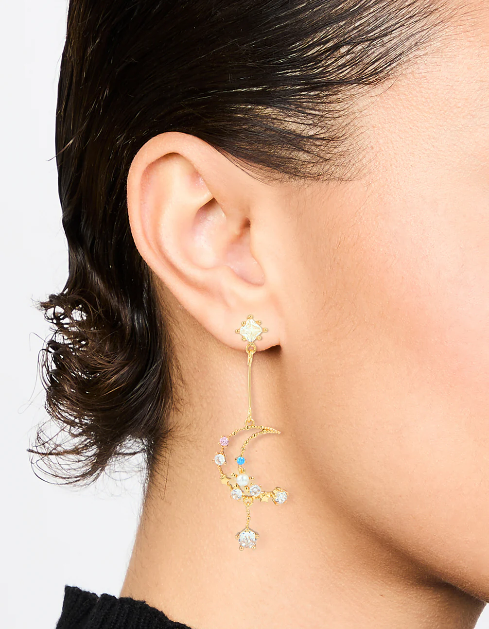 Gold Plated Cubic Zirconia Moon Drop Earrings - Image 2