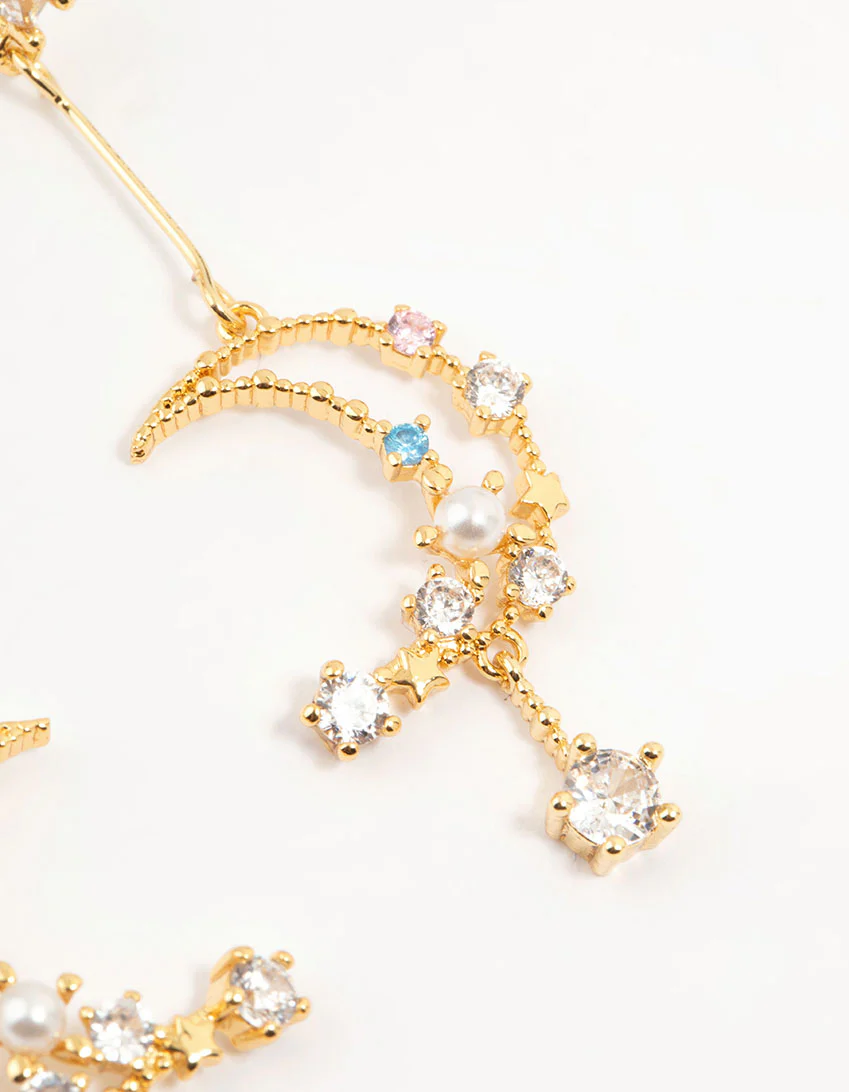 Gold Plated Cubic Zirconia Moon Drop Earrings - Image 5