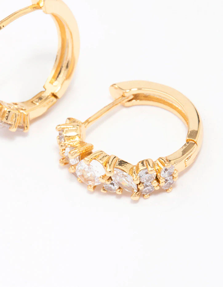 Gold Plated Cubic Zirconia Oval Cluster Hoop Earrings - Image 2