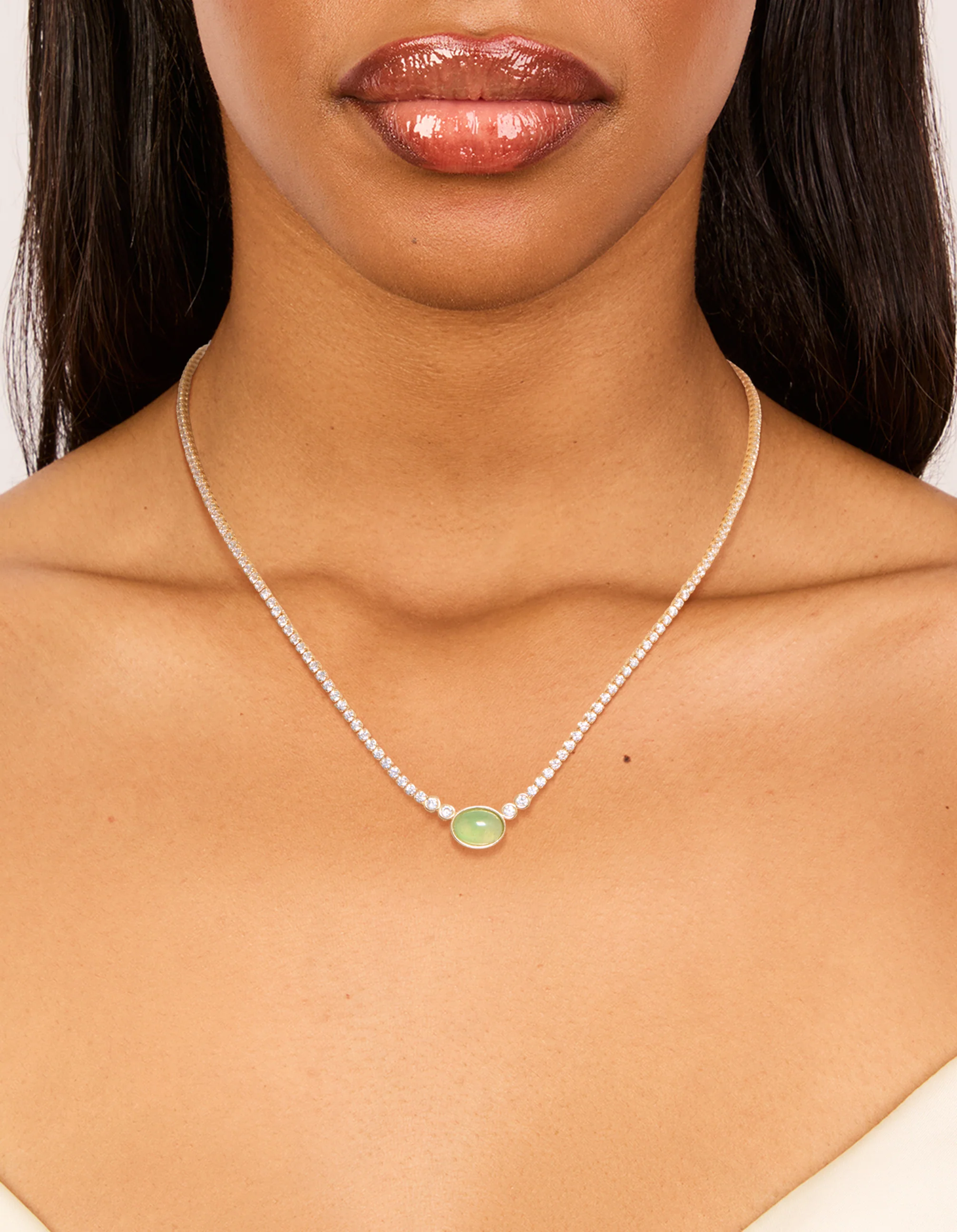 Gold Plated Cubic Zirconia Oval Green Semi Precious Stone Cup Chain Necklace - Image 2