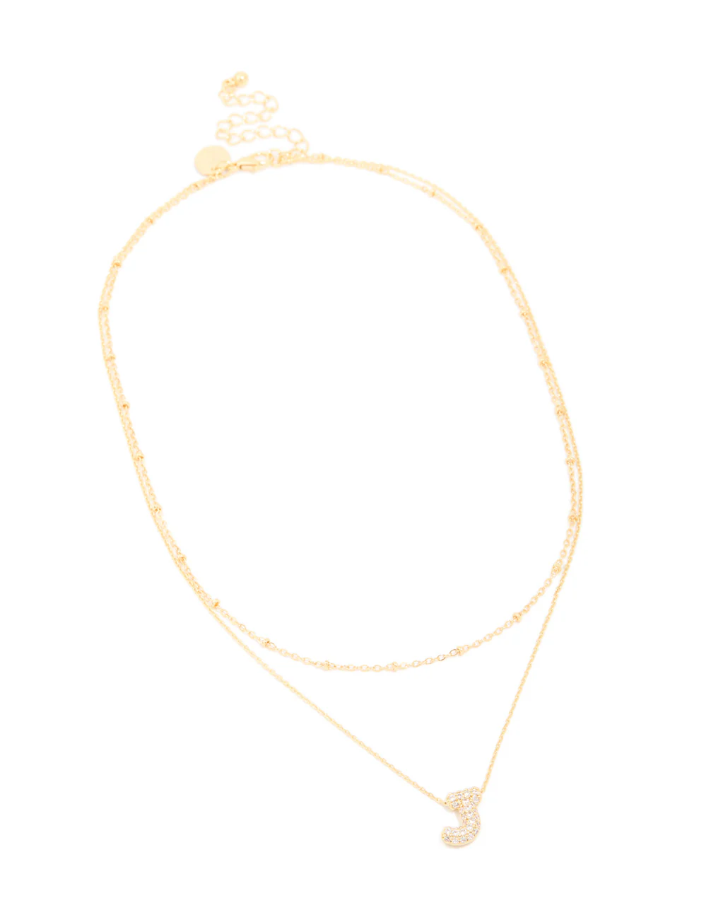 Gold Plated Cubic Zirconia Pave Bubble Letter J Layered Necklace - Image 2