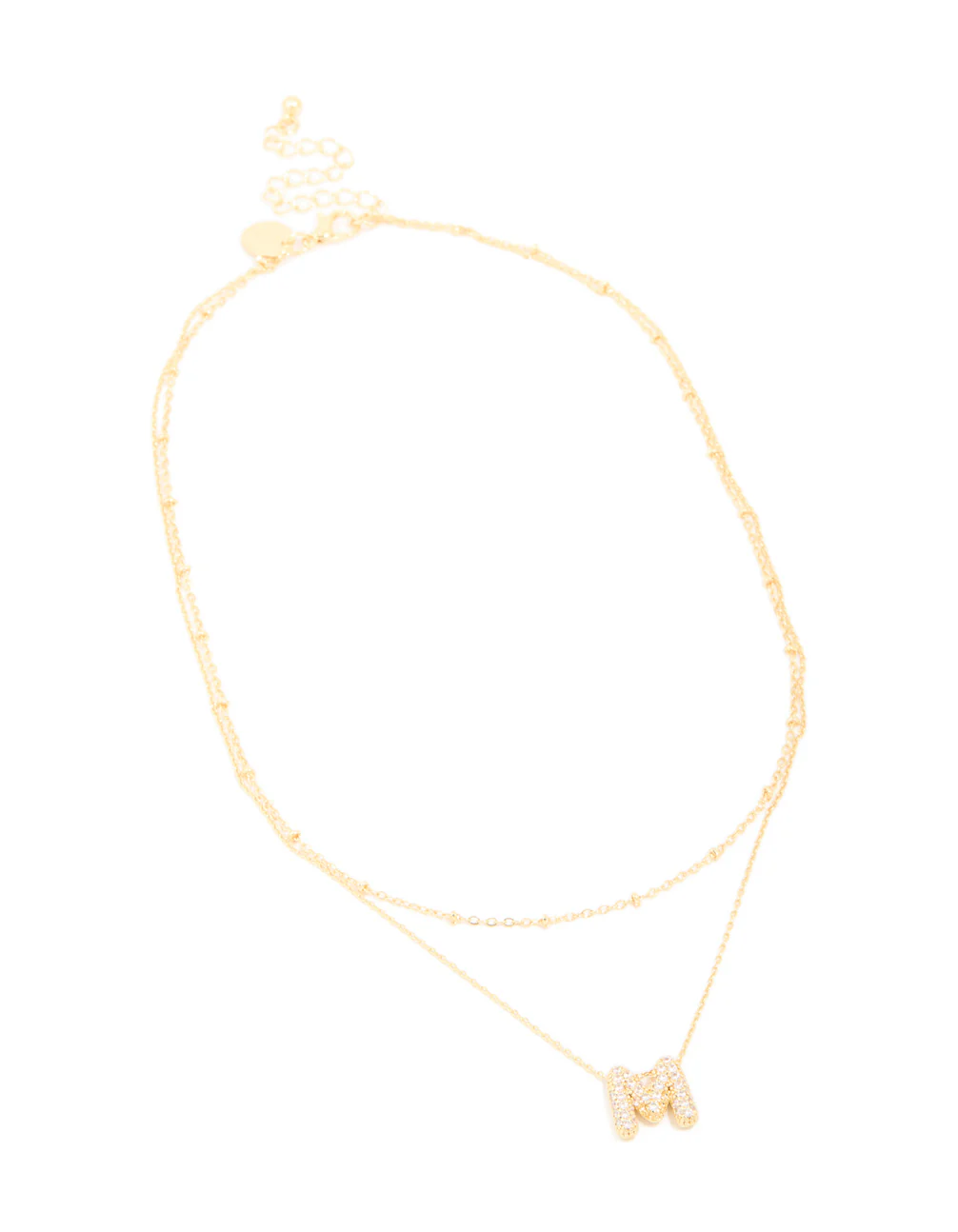 Gold Plated Cubic Zirconia Pave Bubble Letter M Layered Necklace - Image 2