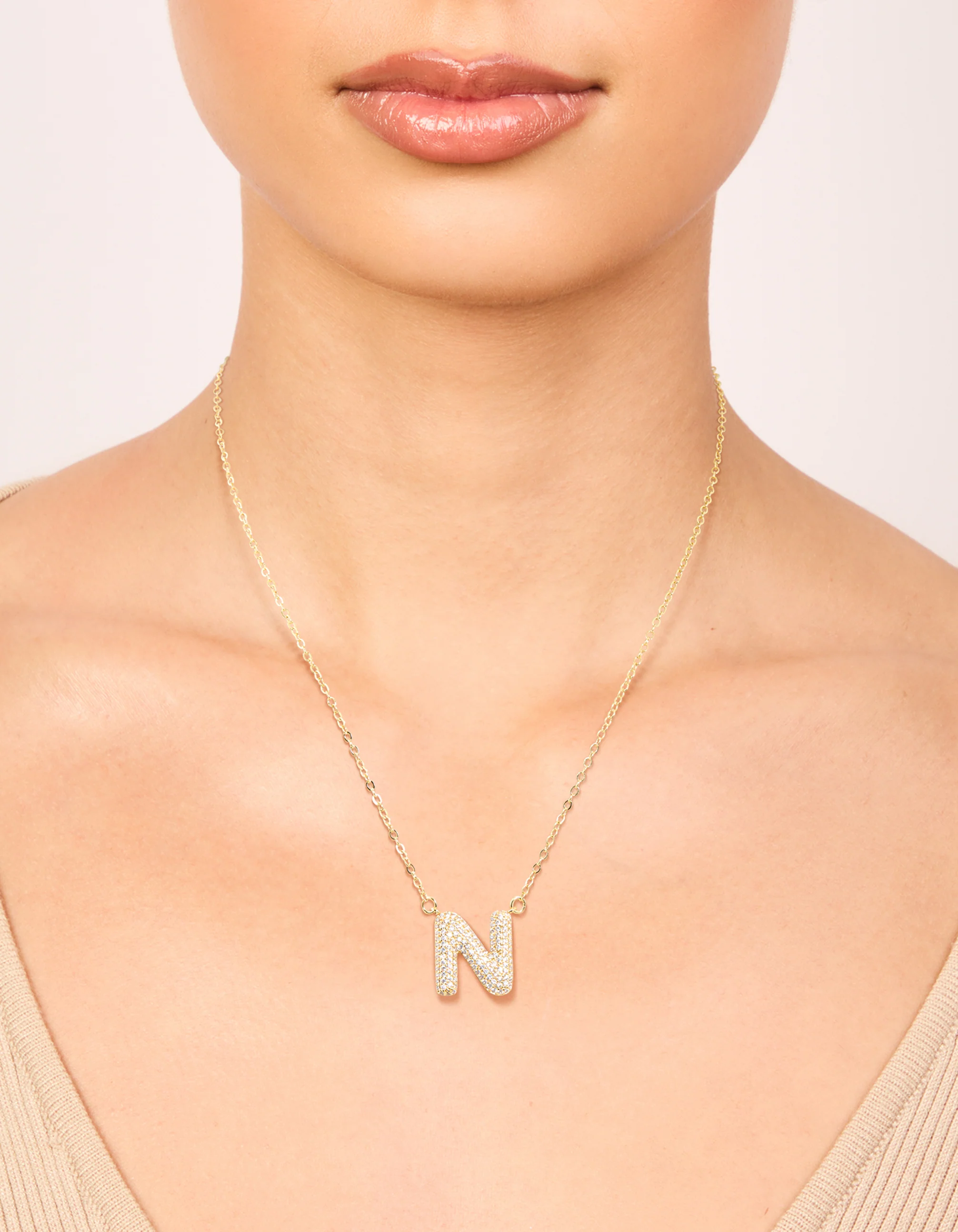Gold Plated Cubic Zirconia Pave Letter N Necklace - Image 2