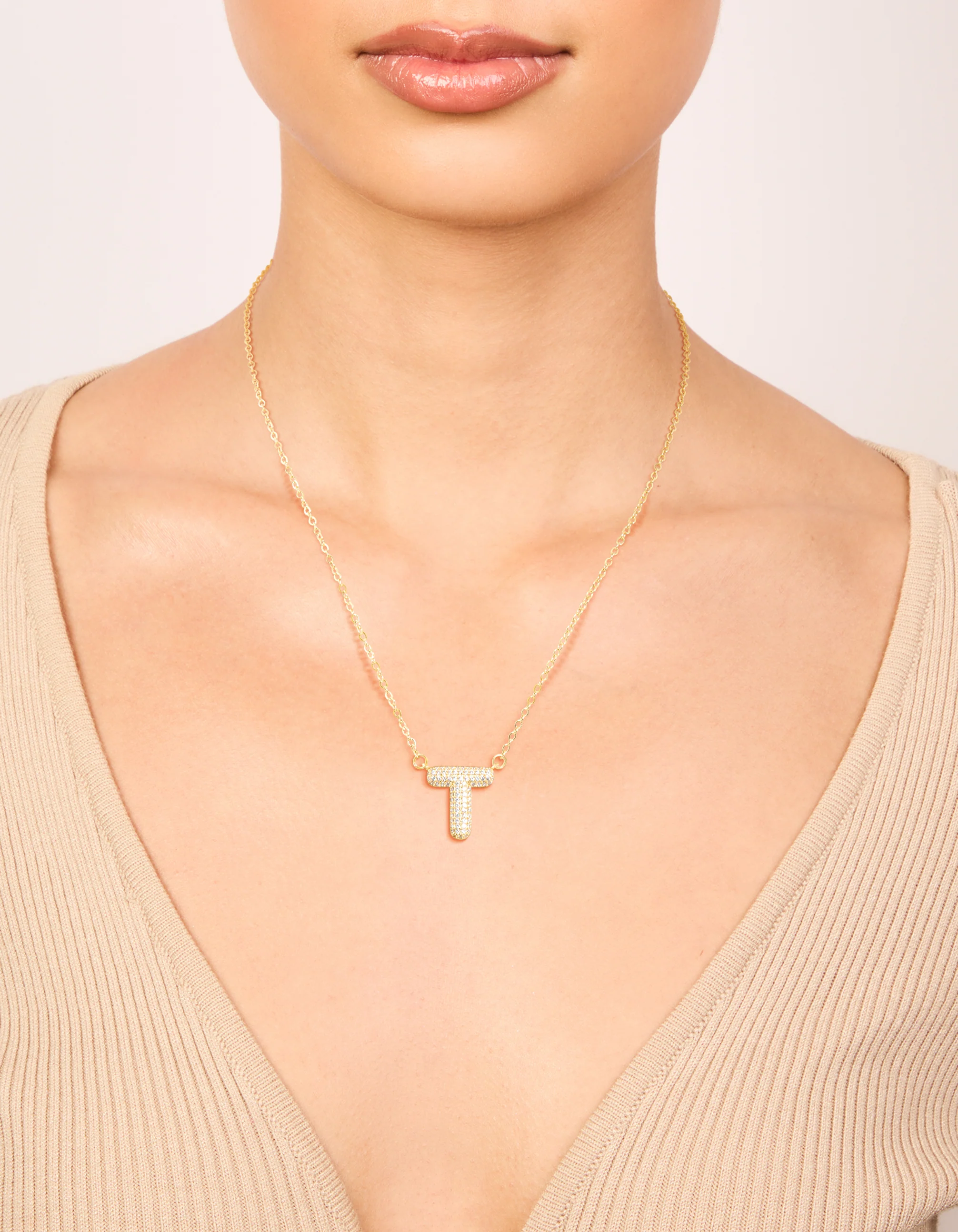 Gold Plated Cubic Zirconia Pave Letter T Necklace - Image 2