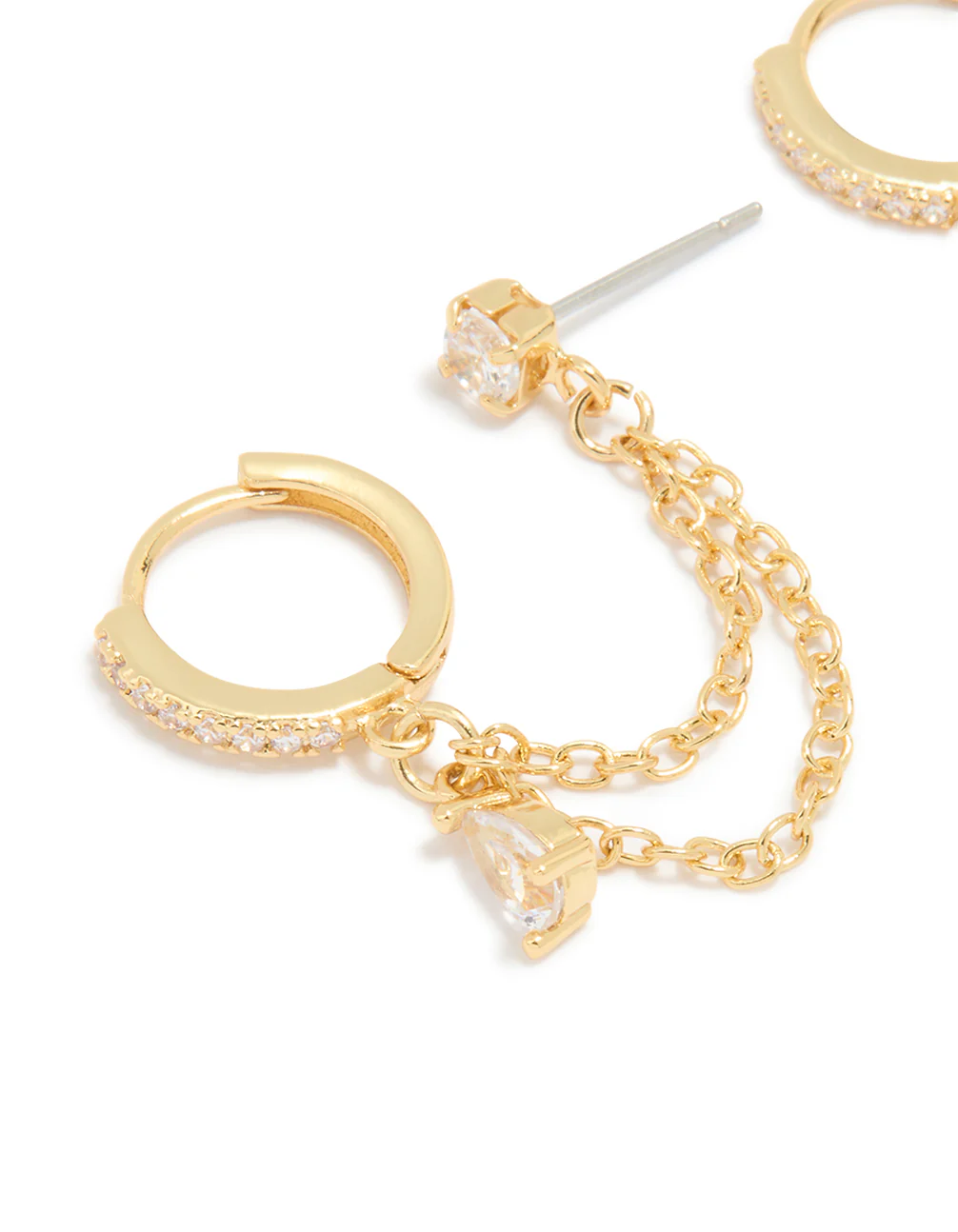 Gold Plated Cubic Zirconia Pear Layered Chain Huggie Earrings - Image 2