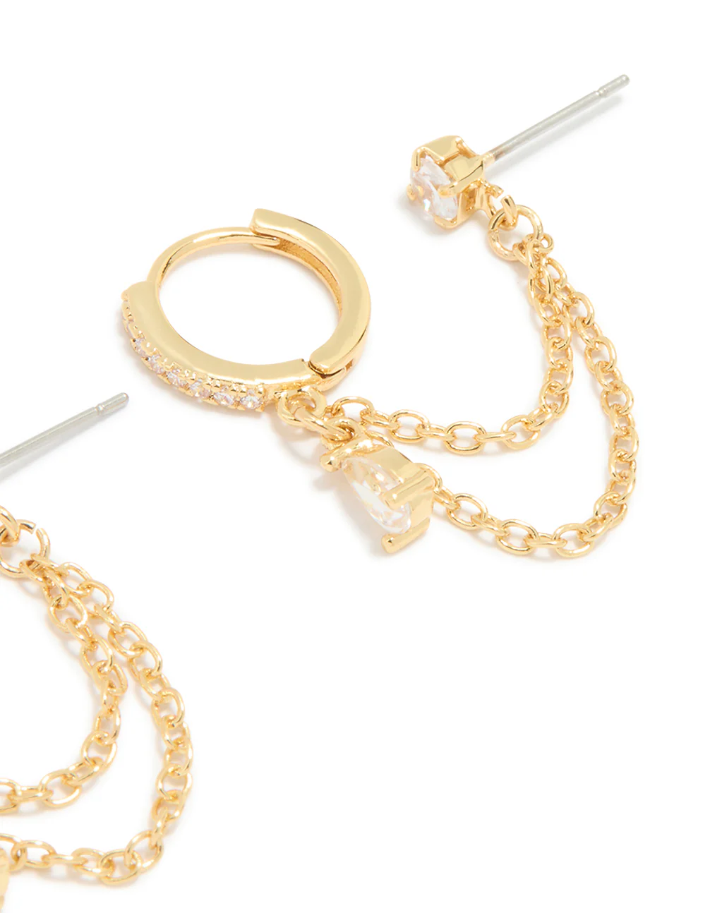 Gold Plated Cubic Zirconia Pear Layered Chain Huggie Earrings - Image 3
