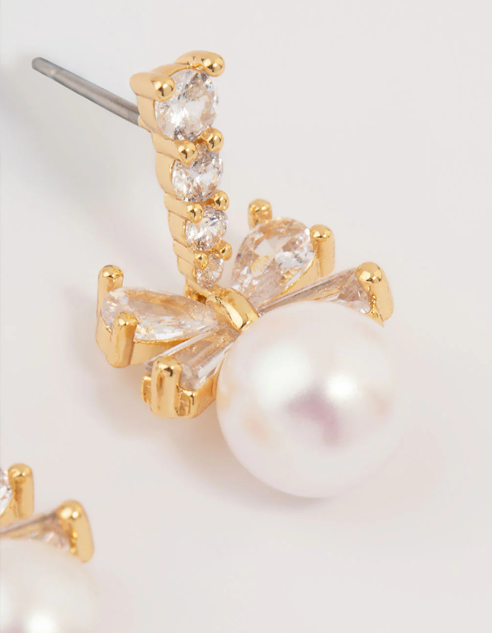 Gold Plated Cubic Zirconia & Pearl Bow Drop Earrings - Image 5