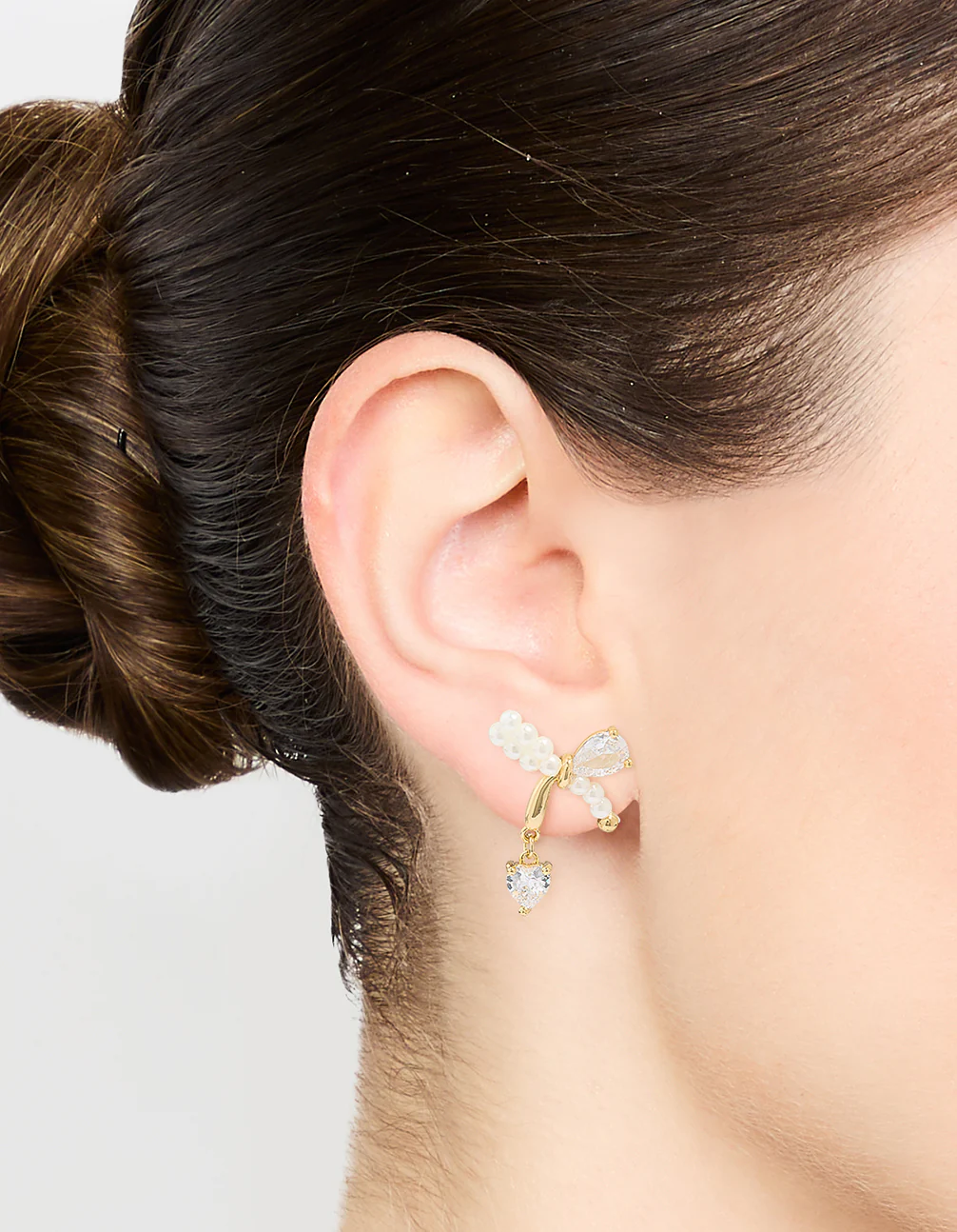Gold Plated Cubic Zirconia & Pearl Bow Stud Earrings - Image 2