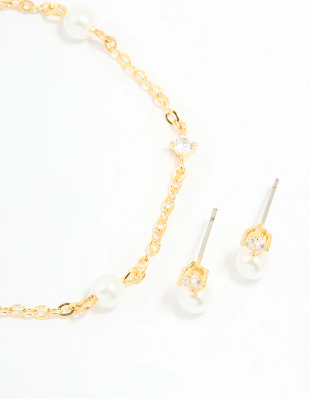 Gold Plated Cubic Zirconia Pearl Bracelet & Earrings Set - Image 2