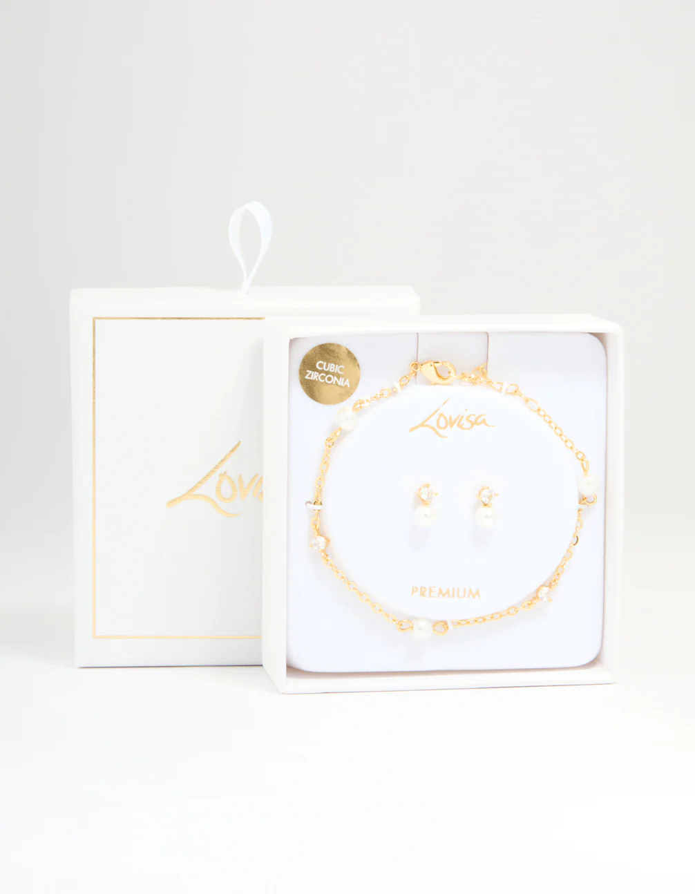 Gold Plated Cubic Zirconia Pearl Bracelet & Earrings Set - Image 3